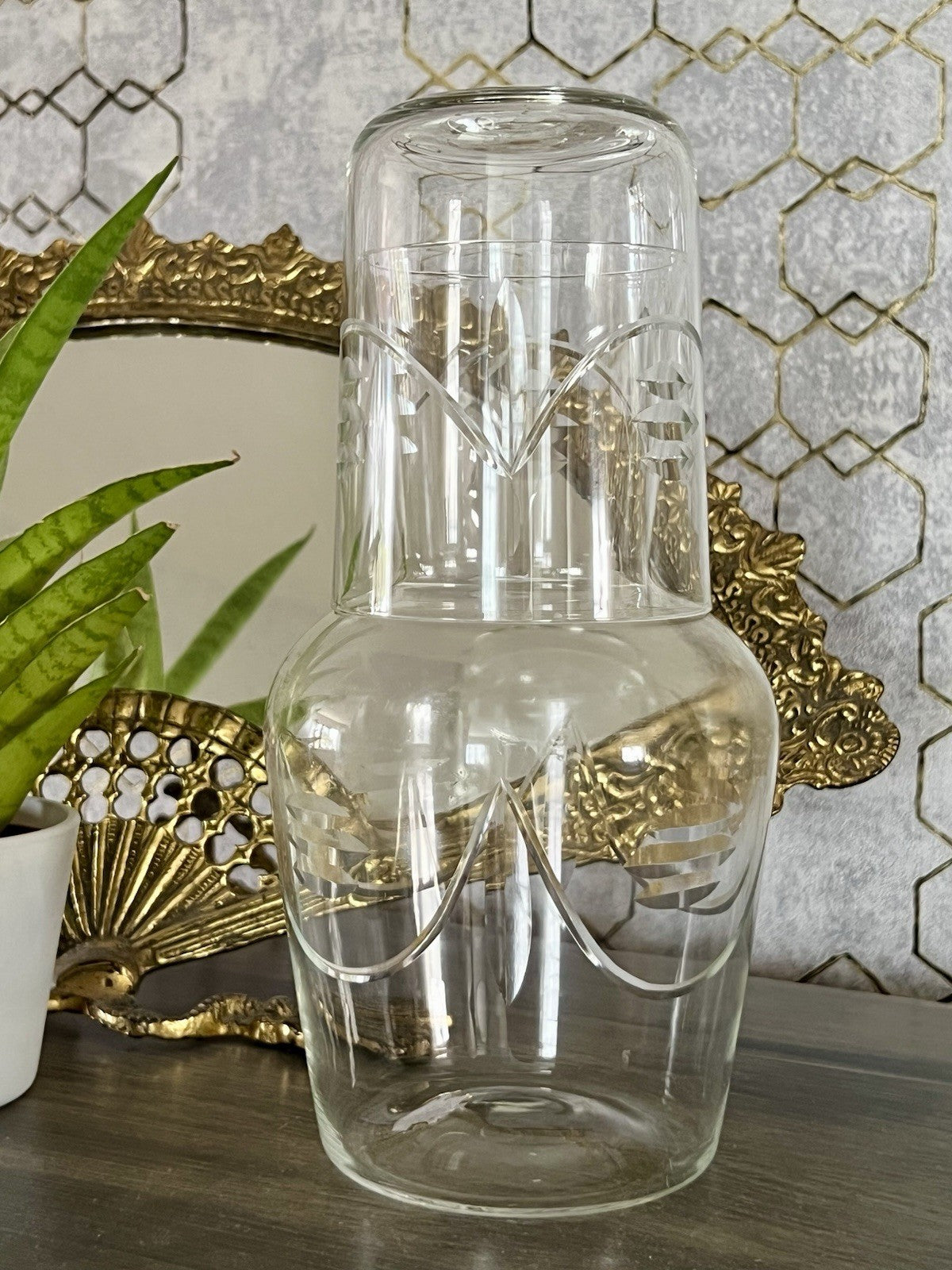 Antik Art Deco Sturzflasche Karaffe Dekanter & Becher Glas geschliffen