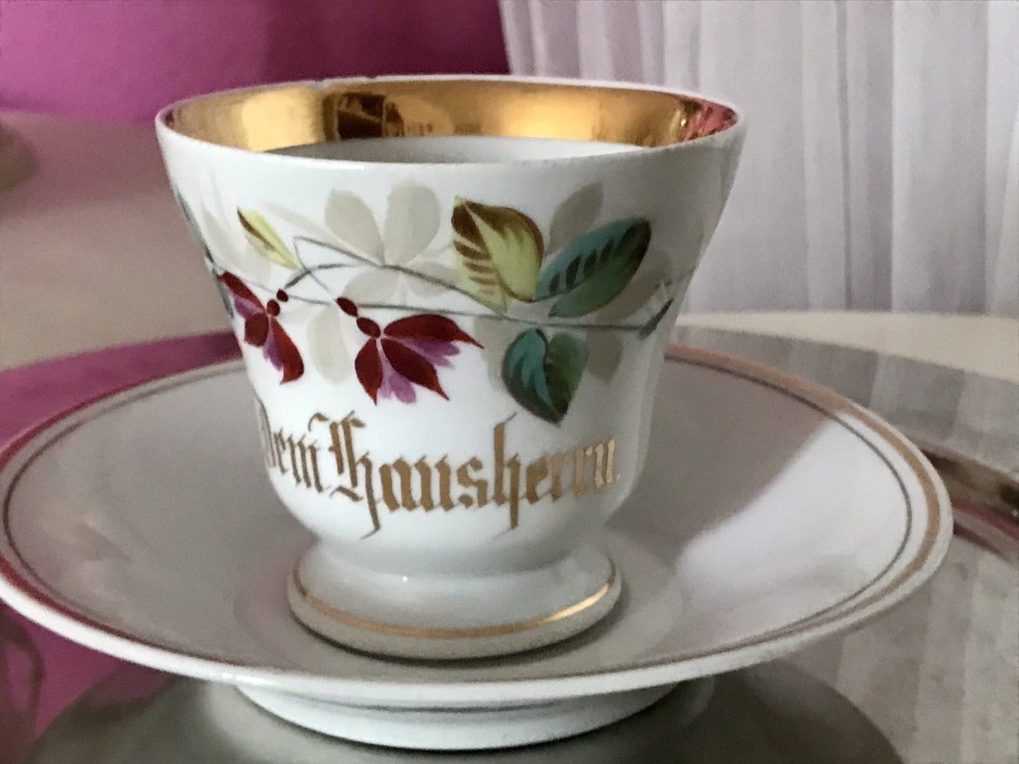 Antik Porzellan Andenken Becher Gedeck Sammeltasse Tasse „Dem Hausherrn“