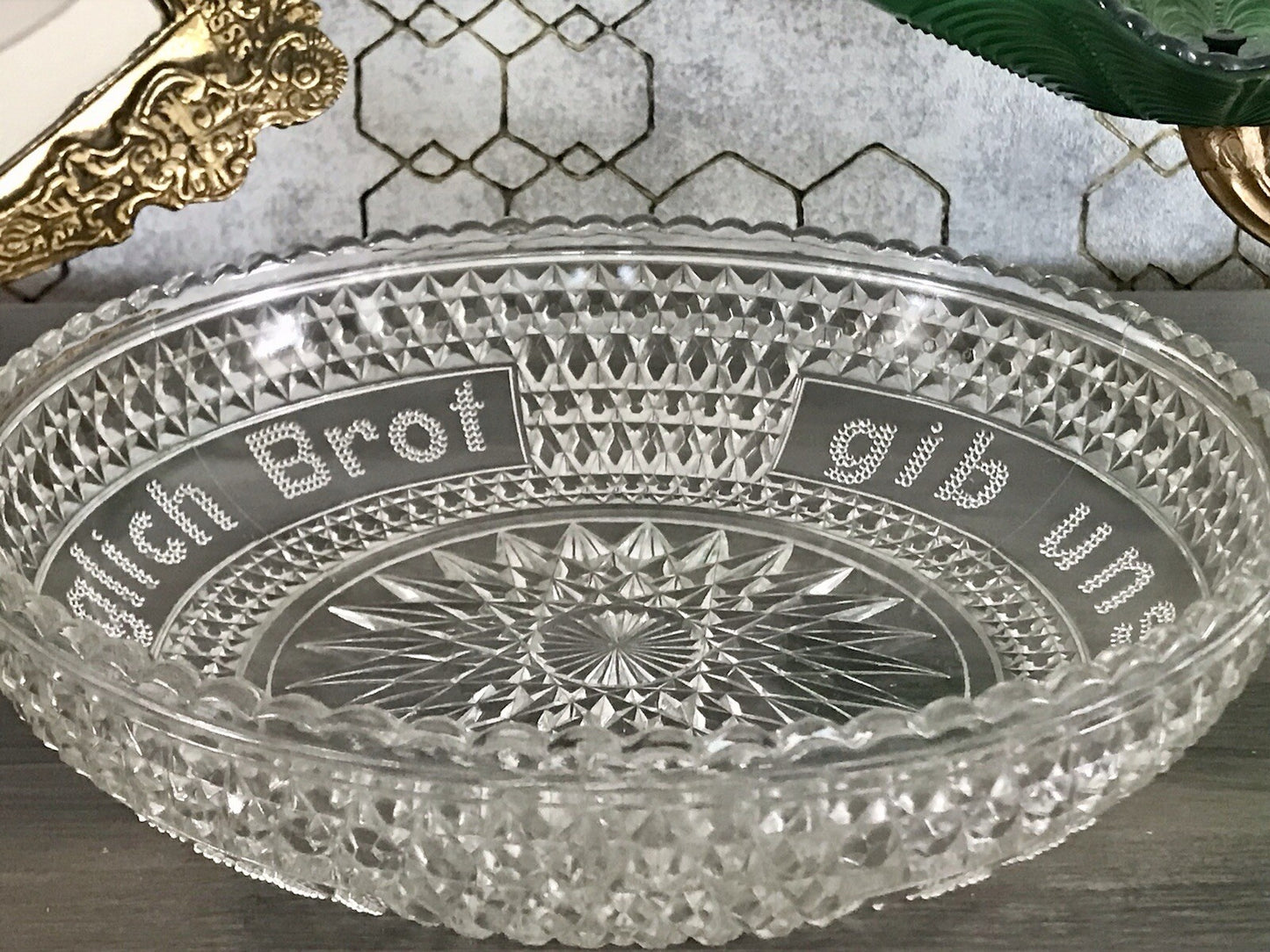 Art Déco Pressglas Schale Antik Brotschale Unser täglich Brot gib uns heute Glas