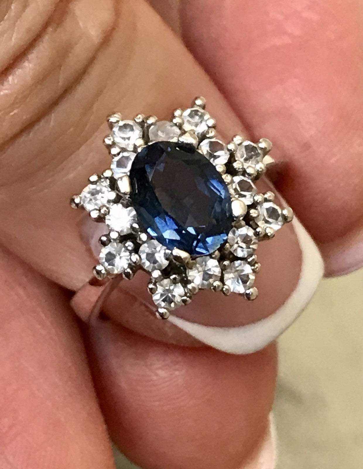 Vintage Entourage Halo Ring farblose Steine & Saphir Silber 925 ~Gr.52