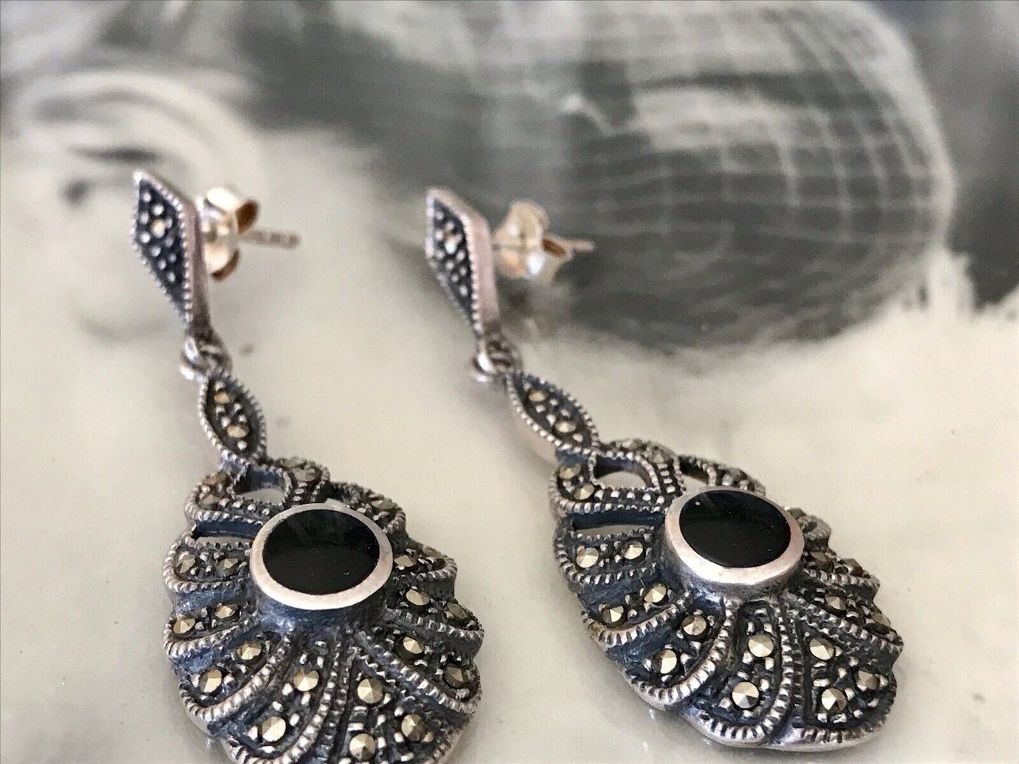 Antik Art Déco Wunderschön Ohrhänger Ohrringe DAMEN Silber 925 Onyx Markasite