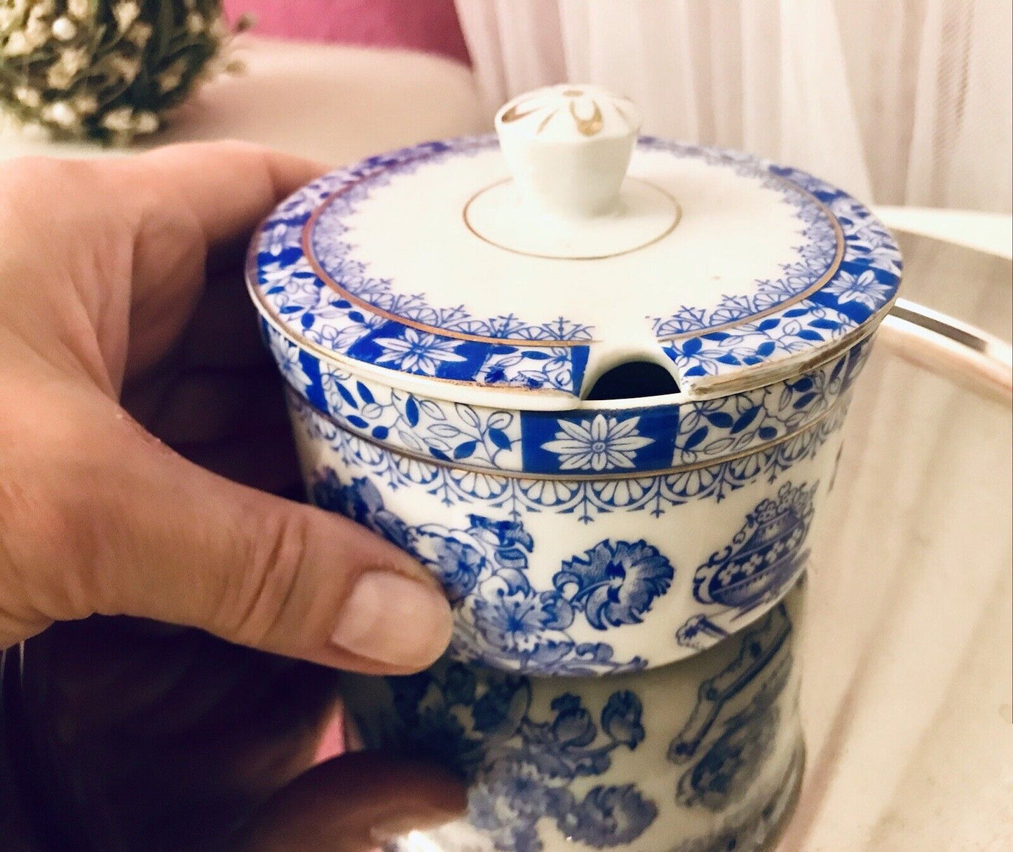 Antik Art Déco Porzellan Deckeldose Dose China Blau Oscar Schaller ??