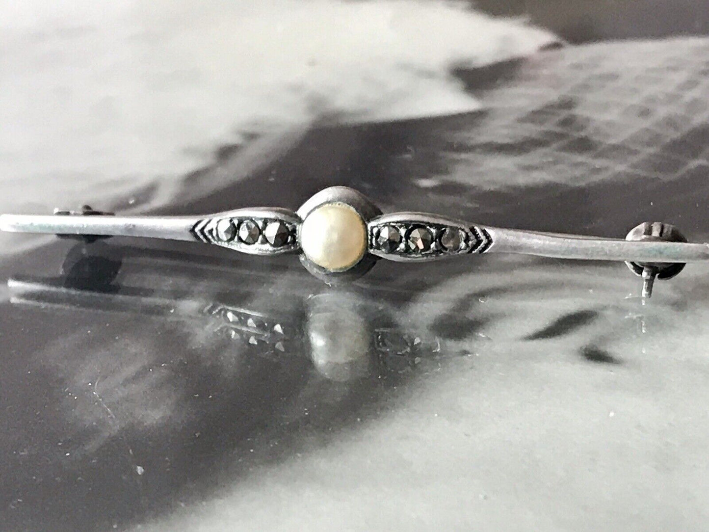 Antik Art Déco Edel Stabbrosche 835 Silber Brosche Markasiten Perle So Schön!