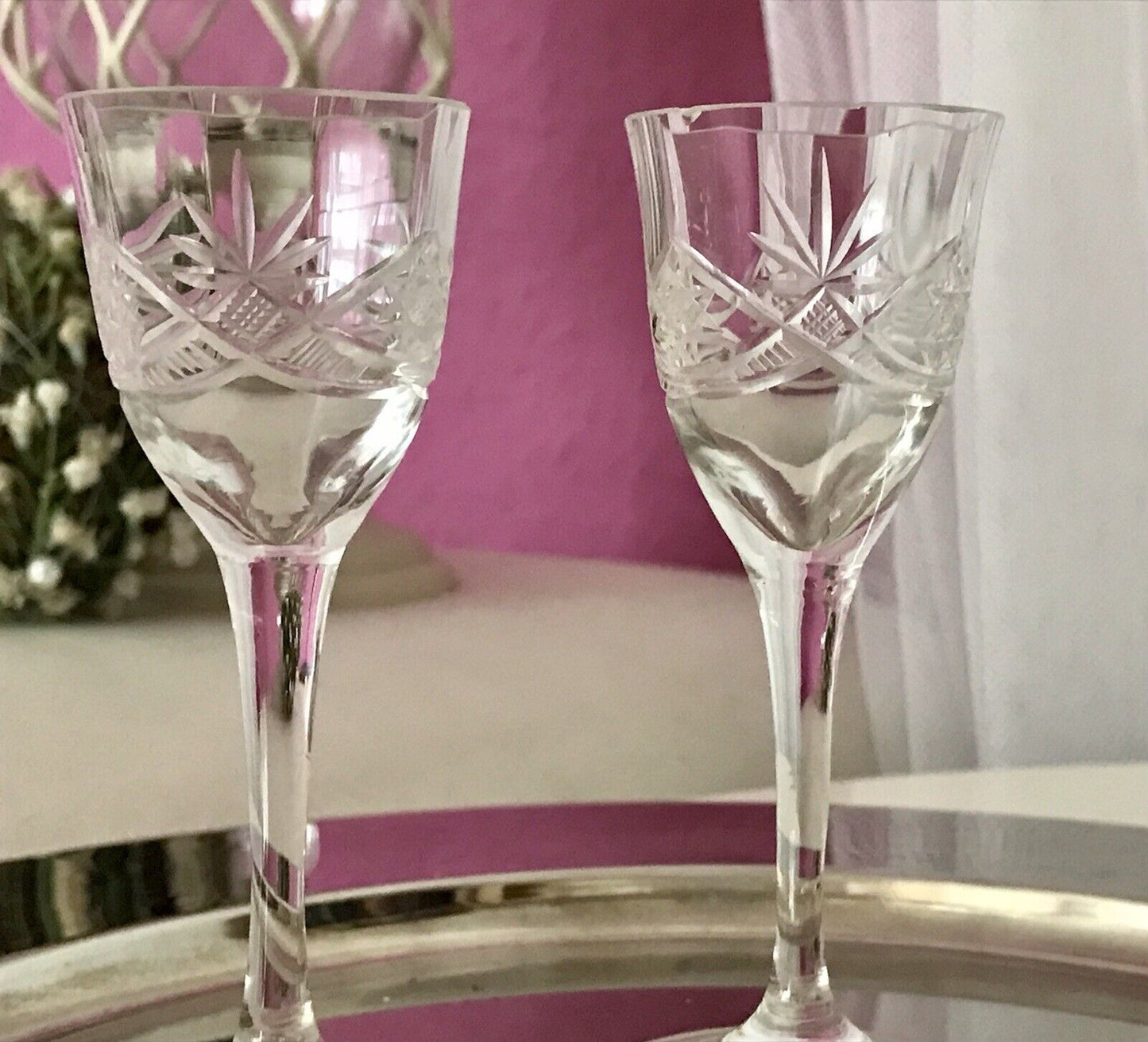 Antik 2 hochstielige Jugendstil Art Déco Likörgläser Kristallglas Schliff EDEL