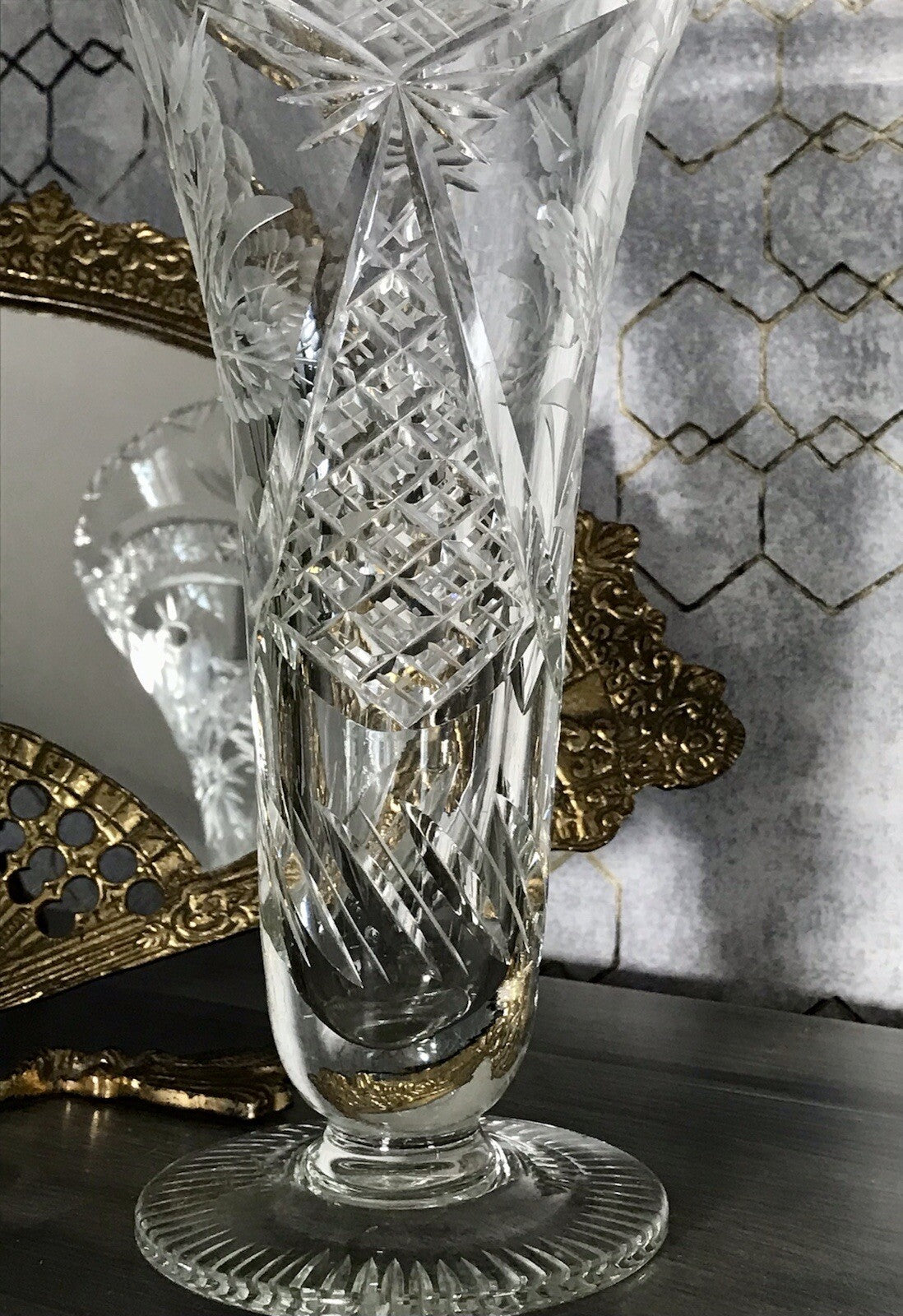 Antik Vase Glasvase Kristallglas geschliffen Art Déco Trichtervase Pokalvase