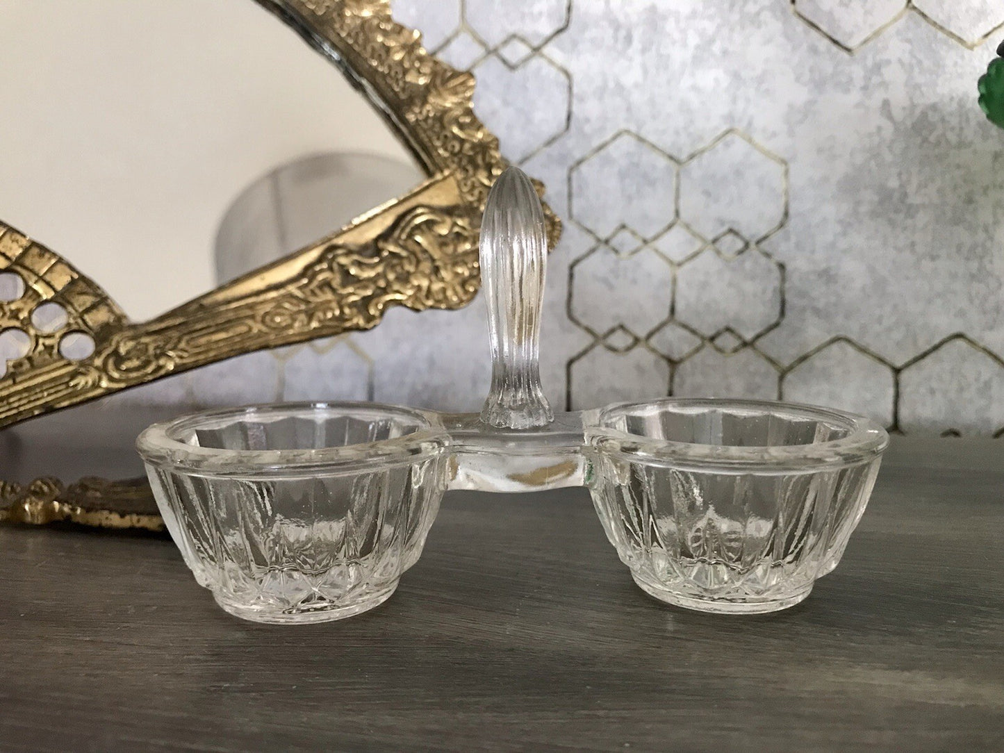 Antik Art Déco Pressglas Salz & Pfeffer Menage Saliere Gewürzständer Glas