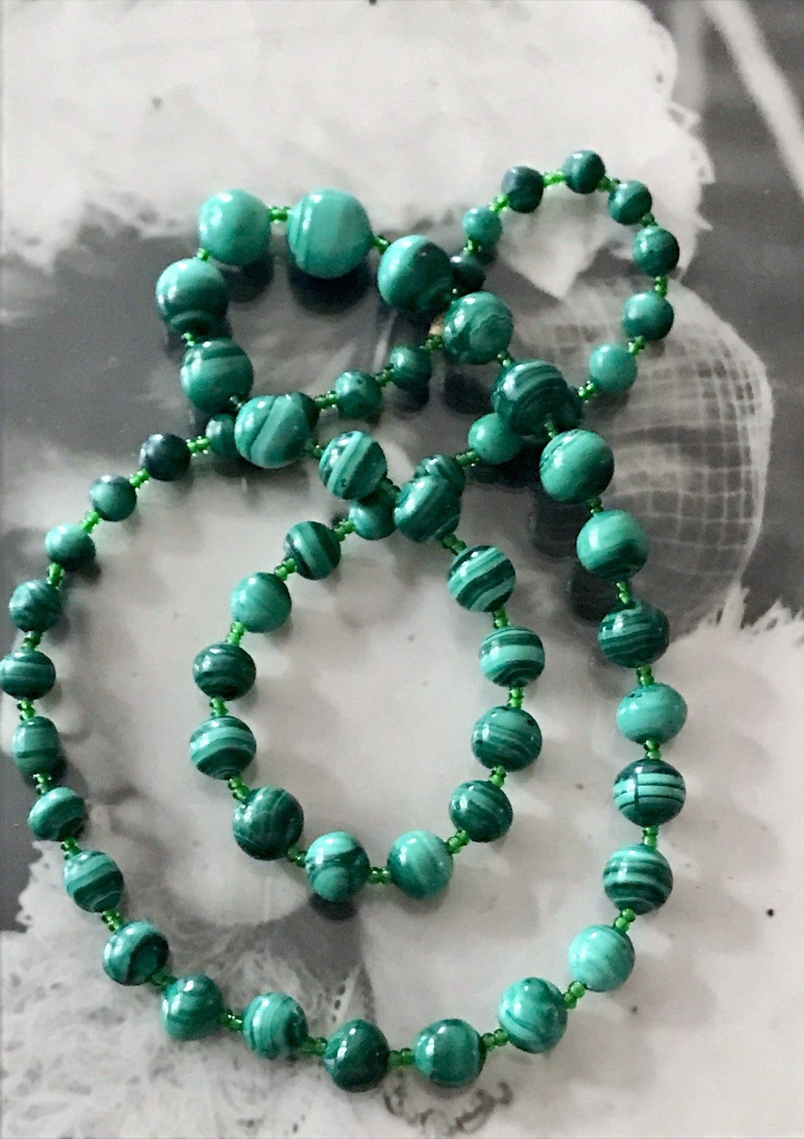 Alt Edel Vintage Halskette Kette Malachite grün Sehr Schön Retro