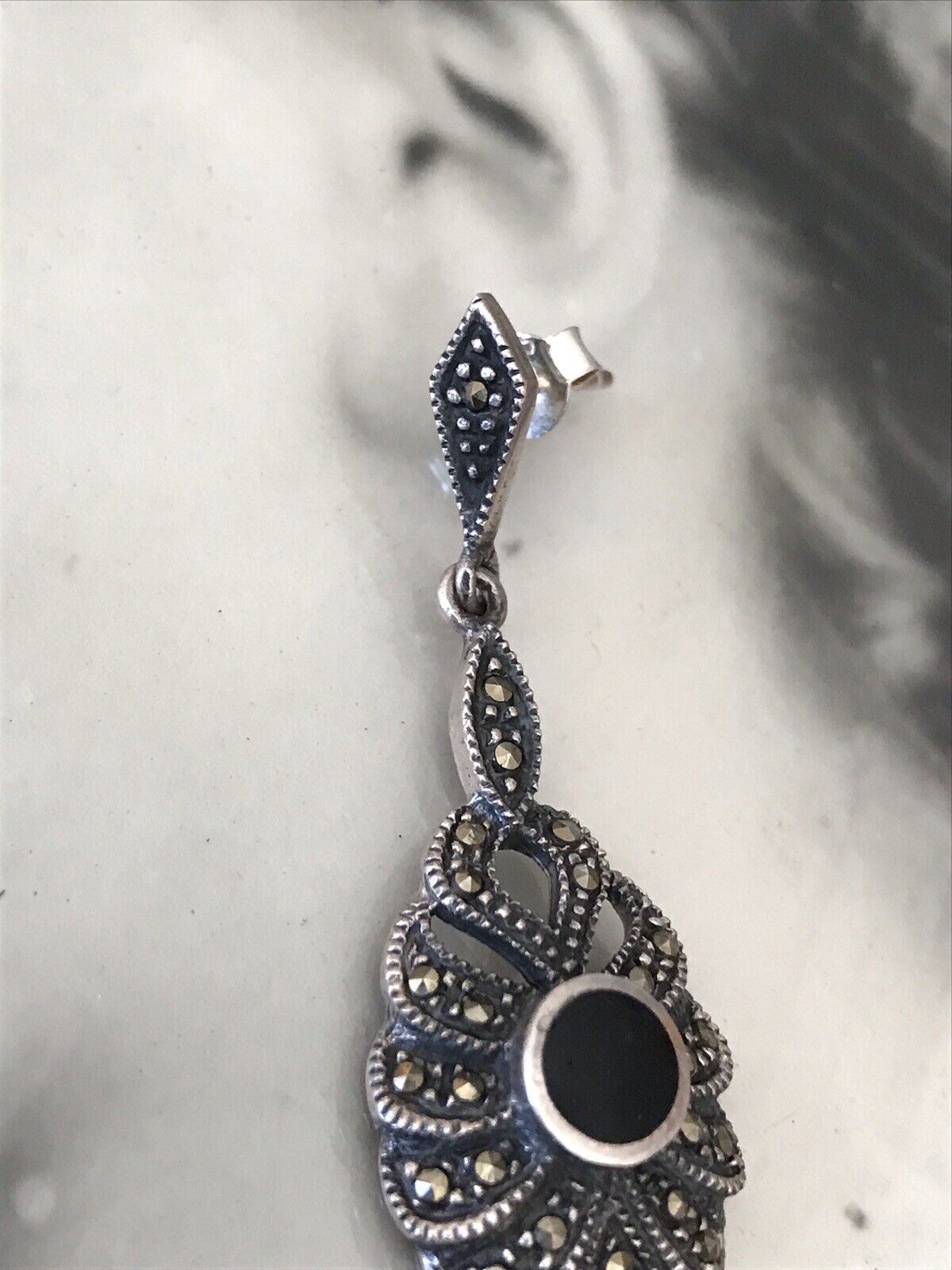 Antik Art Déco Wunderschön Ohrhänger Ohrringe DAMEN Silber 925 Onyx Markasite