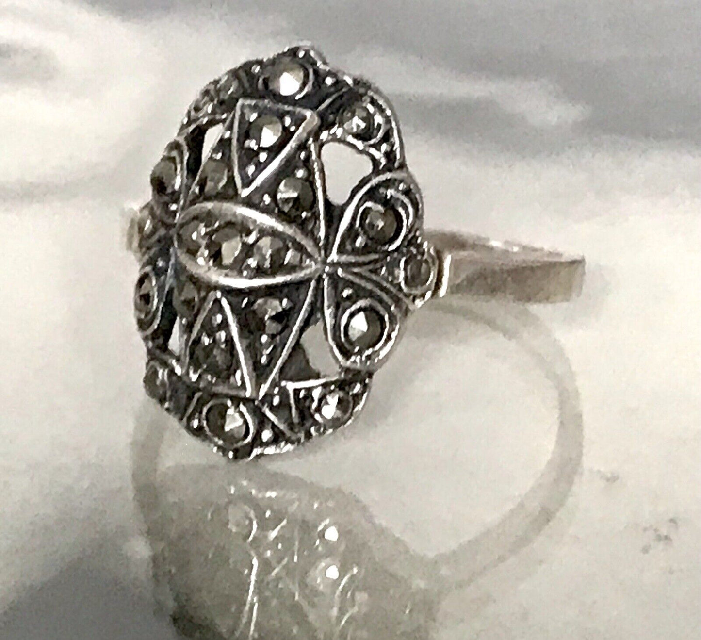 Antik Art Déco Edel Markasite DAMEN RING Silber 925 Gr.52 53 Schiffchen 1,68