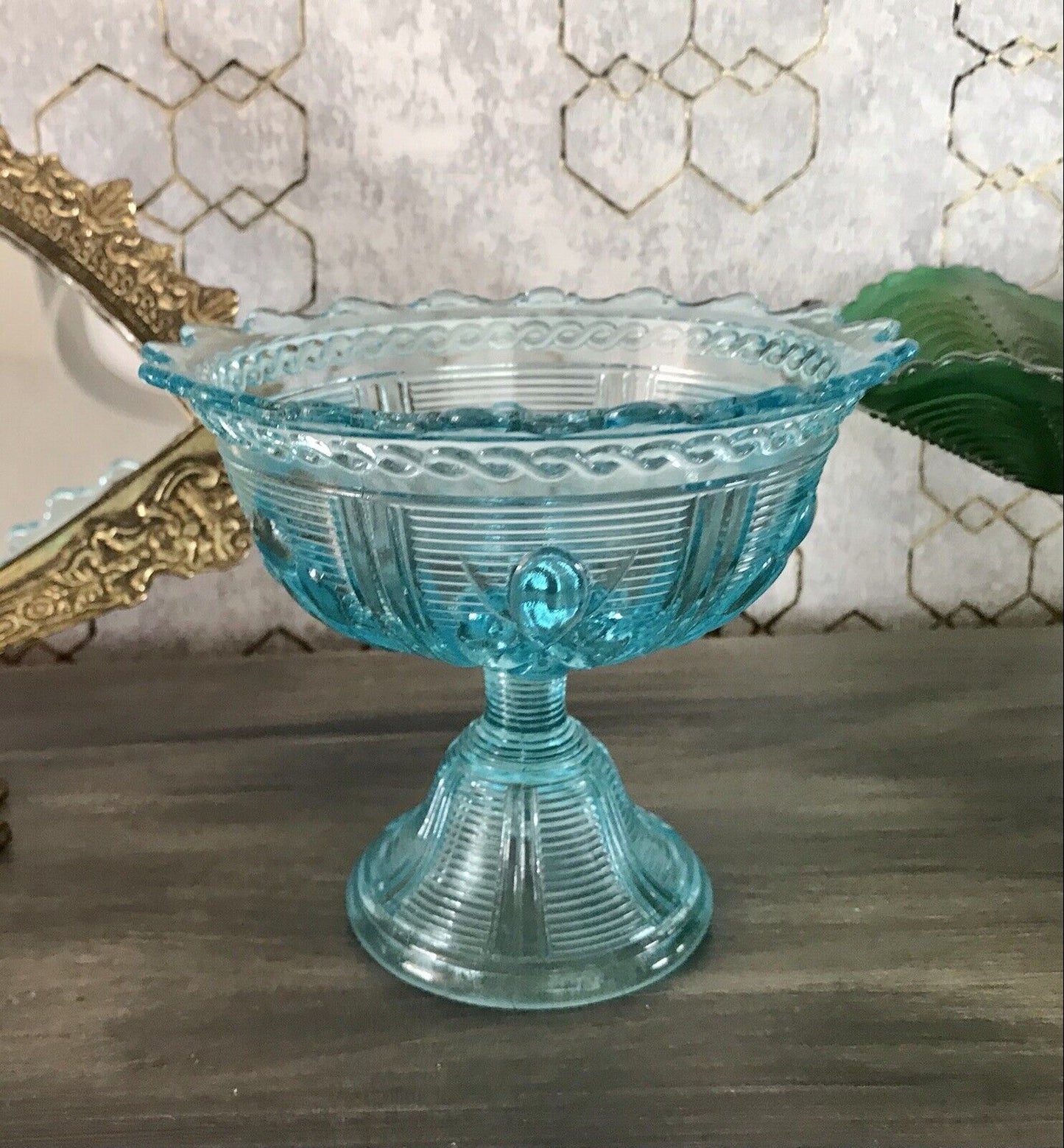 Antik Jugendstil Art Déco Pressglas Schale Fußschale Zuckerschale blau türkis