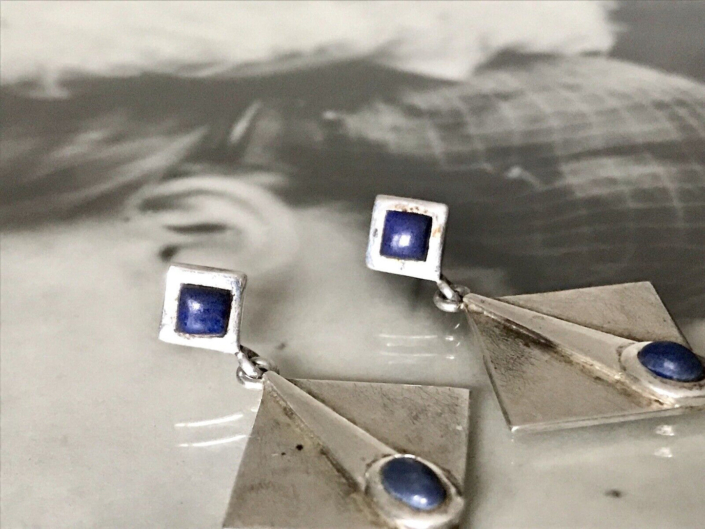 Alt Vintage Modern Ohrringe Ohrhänger DAMEN 925 Silber blauer Stein Sodalith?