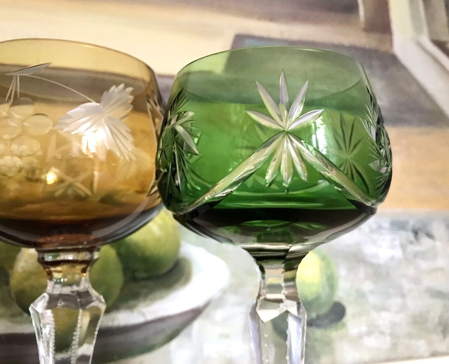 Alt Vintage antik? 2x Weinglas Römer Kristallglas Schliff gelb grün Schliff