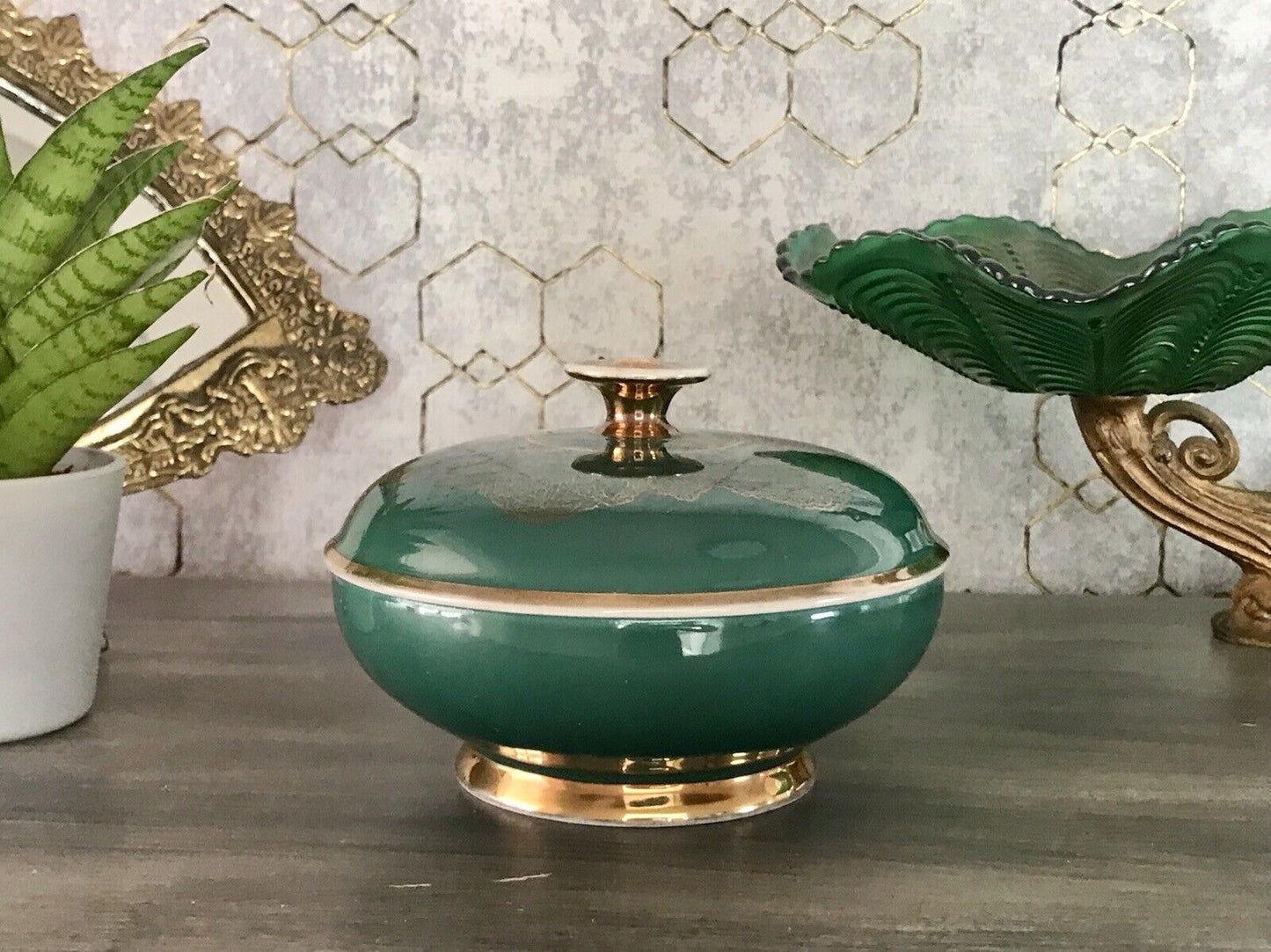 Spätes Art Vintage 50er Porzellan Dose Deckeldose Bonboniere grün gold Seltmann