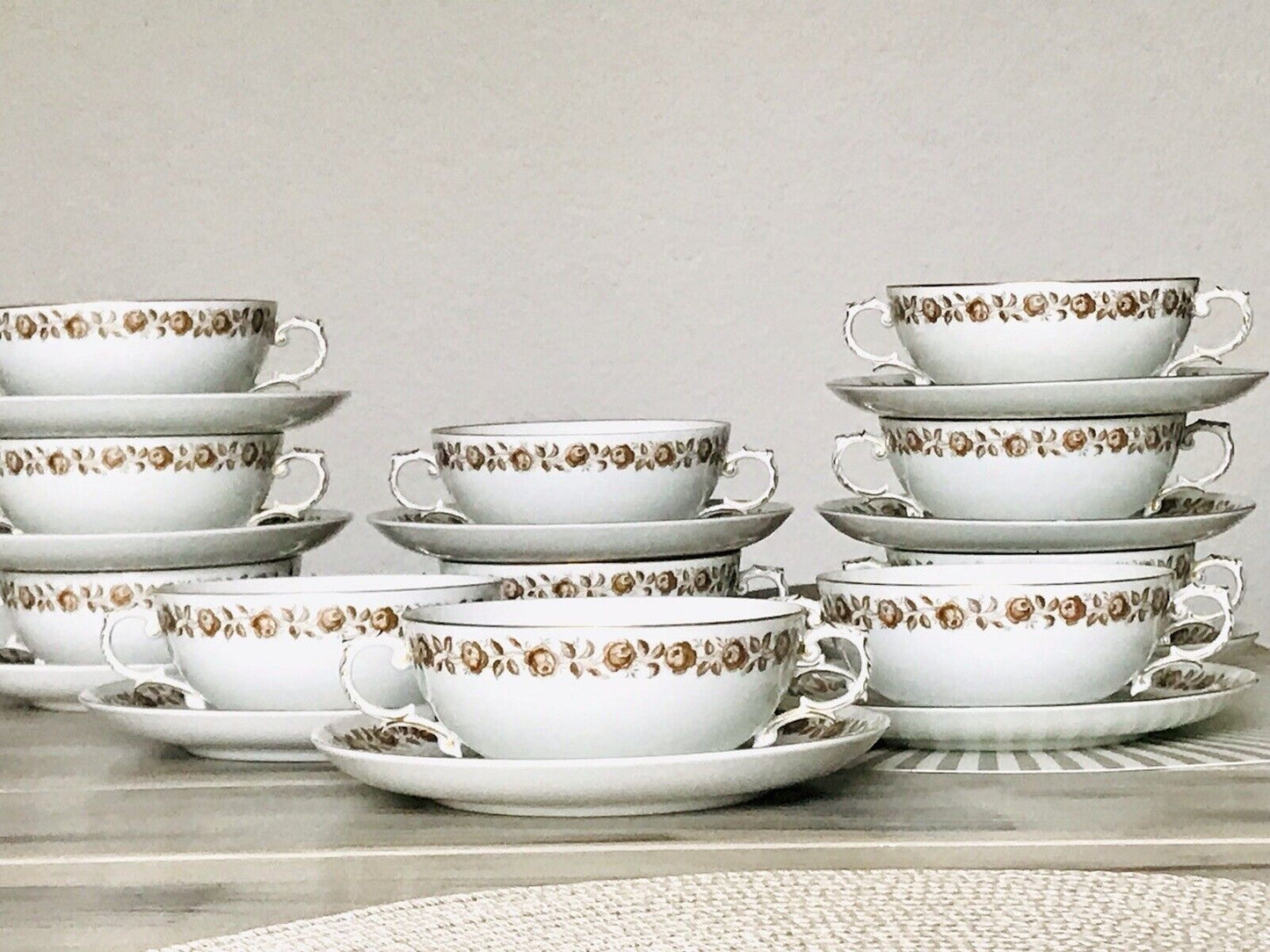 Vintage Porzellan Tafelservice Fürstenberg 12 Suppentassen weiß braun gold