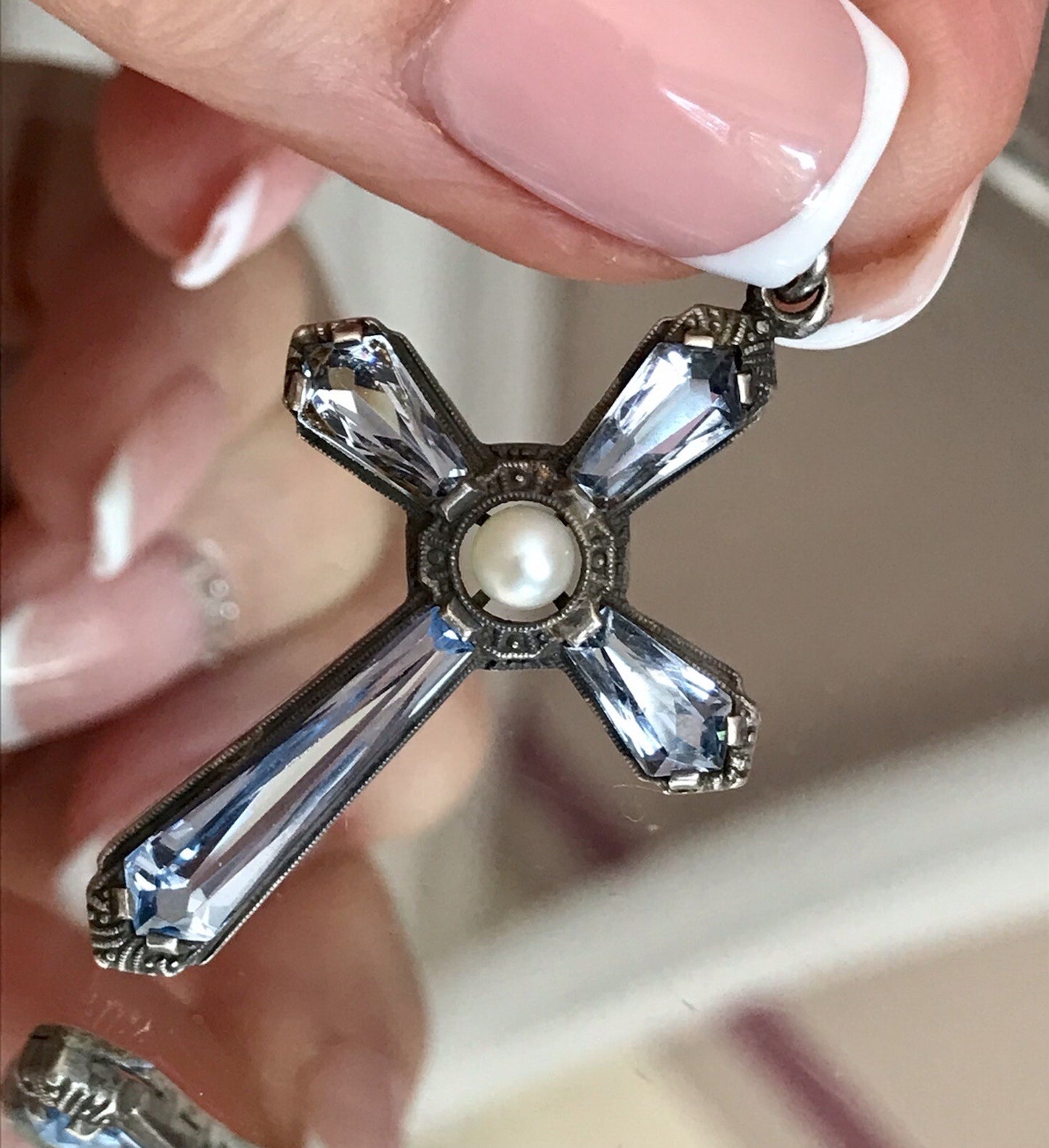 Antik Edel Art Déco Silber Kreuz Anhänger Kettenanhänger blaue Steine Aquamarin?