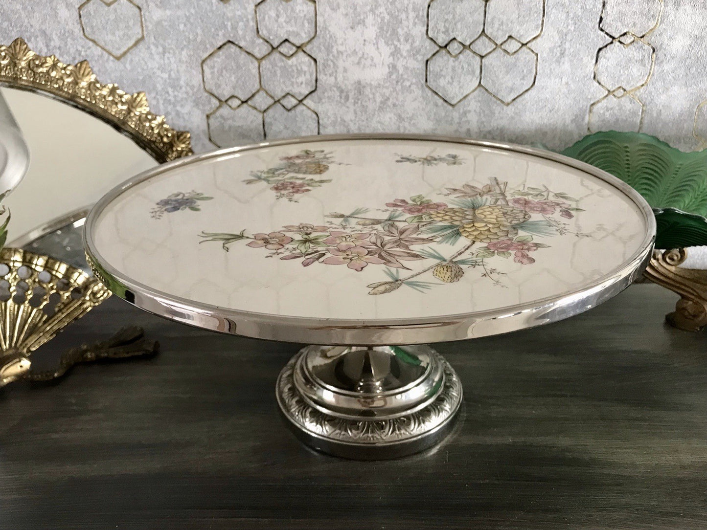 Antik ~1880 Tortenplatte auf Fuß Metall Keramik Steinzeug Paetch Frankfurt Oder