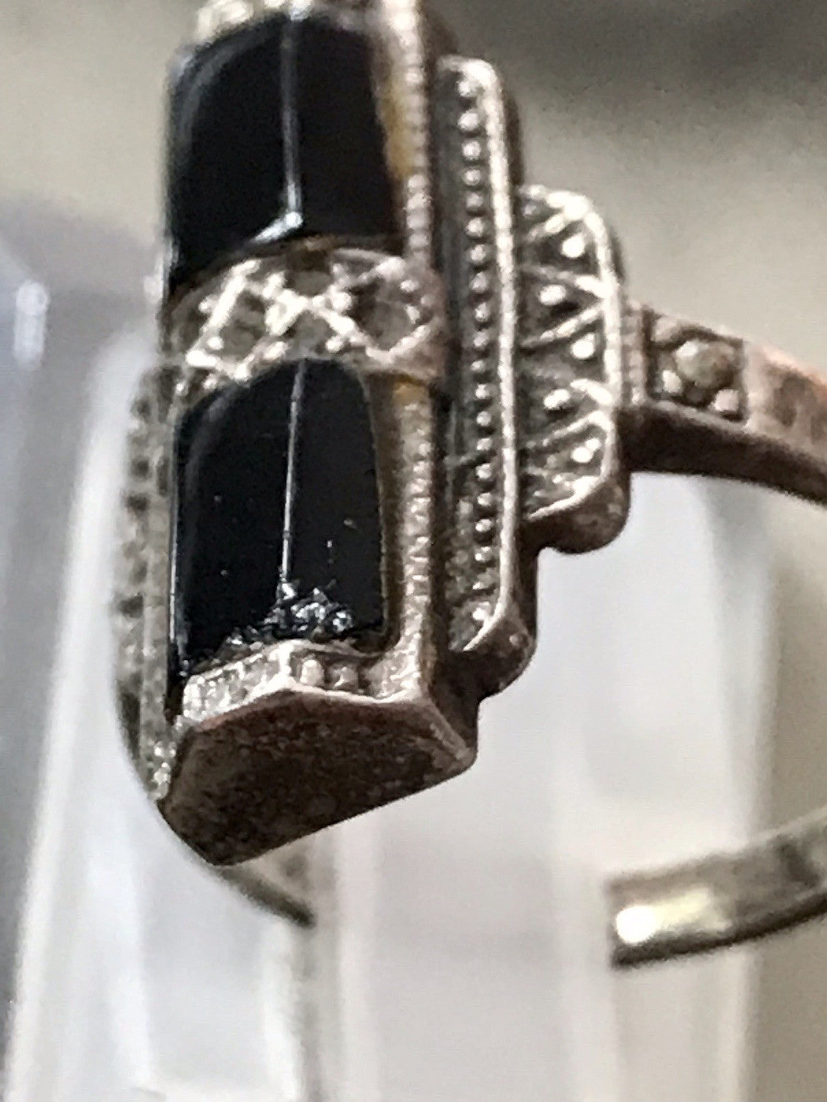 Antik Art Déco Damen Schiffchen Ring Onyx 925 Silber Gr.56 Markasite 18,1