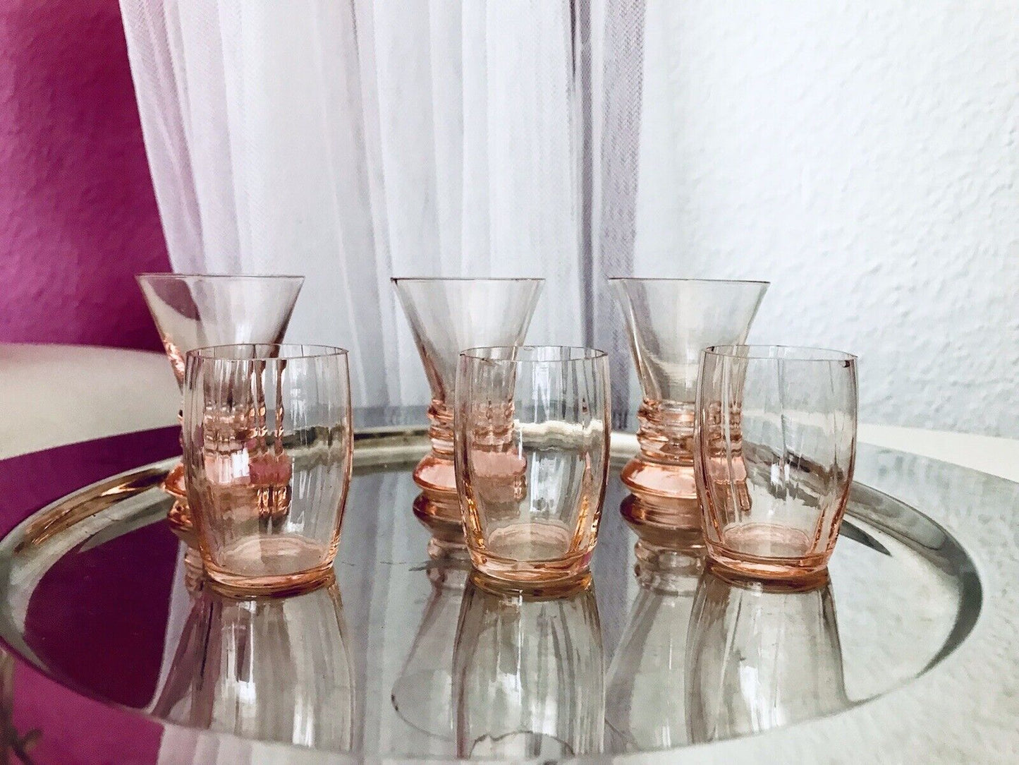 Antik ~1900 -20 6x Schnapsgläser Likör Gläser Pinchen optisch gerippt Glas rosa