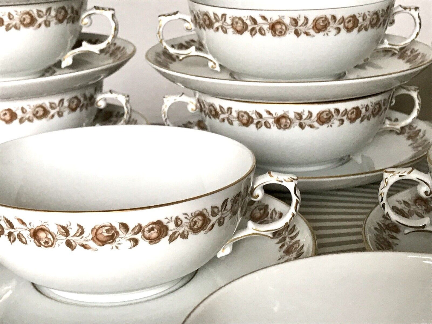 Vintage Porzellan Tafelservice Fürstenberg 12 Suppentassen weiß braun gold