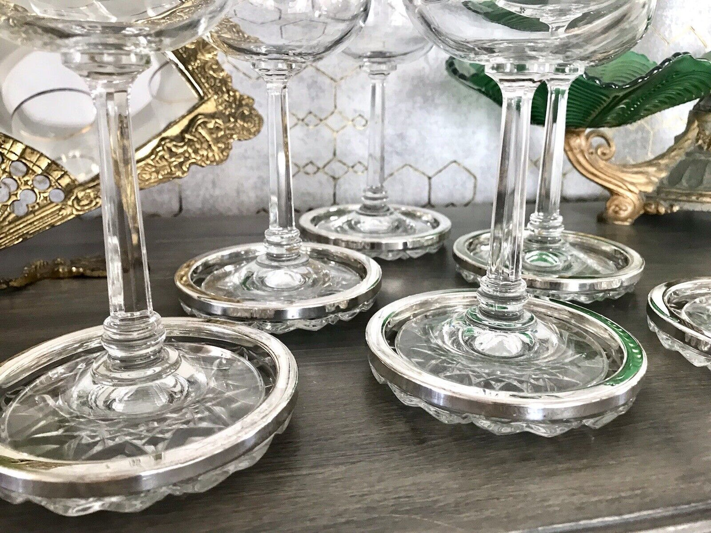 Vintage 6x Untersetzer für Weingläser Glas Kristallglas Bleikristall versilbert