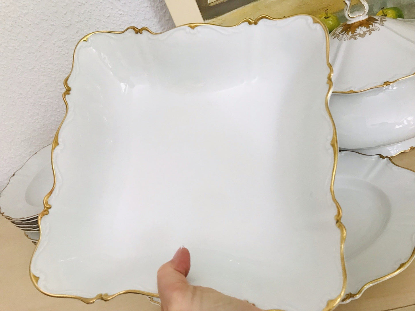 Antik Art Déco Porzellan Tafelservice Carstens Sorau weiß goldene Ranke EDEL