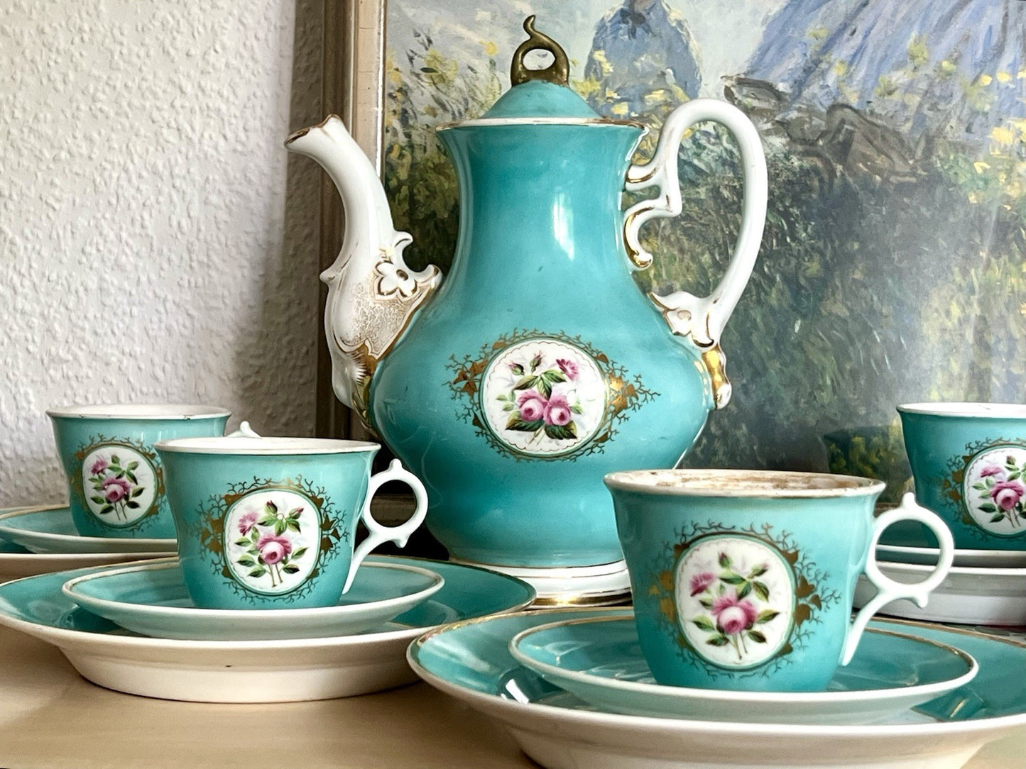 Antik 1870-1900 Porzellan Kaffeeservice 6 Pers. Carl Tielsch Altwasser türkis
