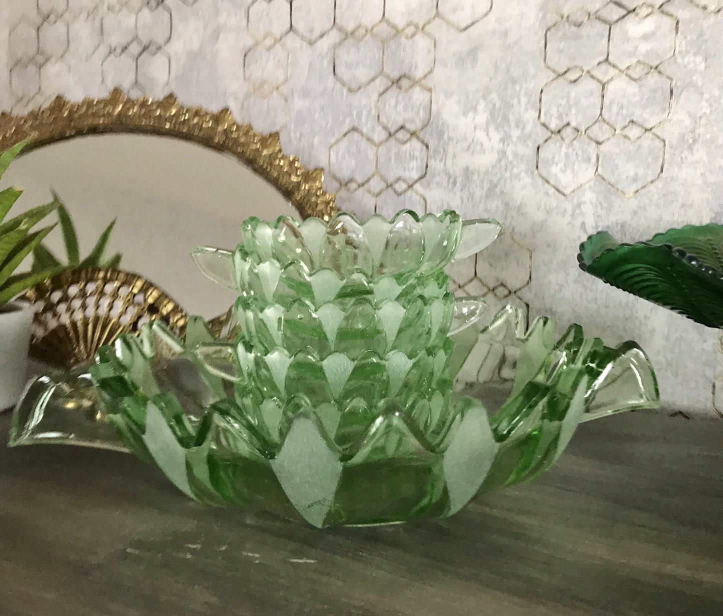 Antik Set grün Dessert Kompott Eis Schale 5x Schälchen Pressglas Art Déco Griffe