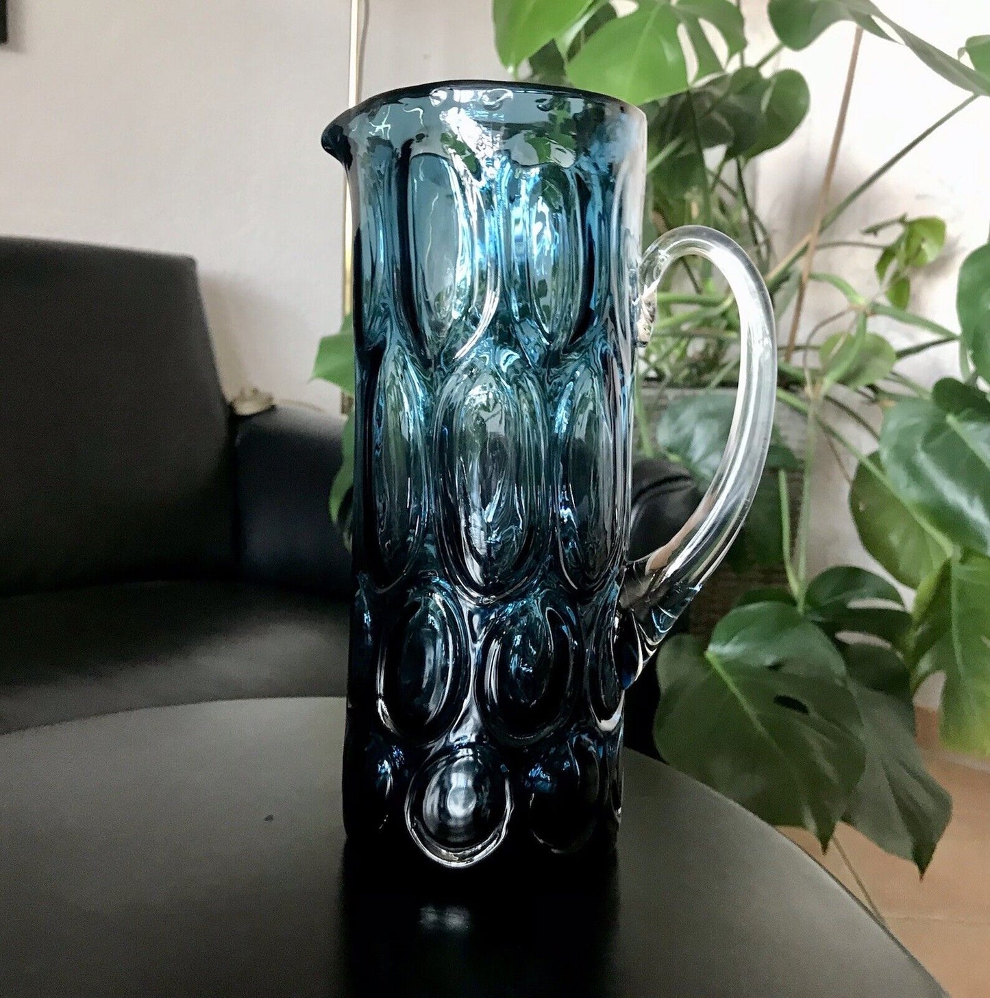 Vintage Designer 60er Krug Kanne Karaffe Space Age Glas Bubble Struktur blau