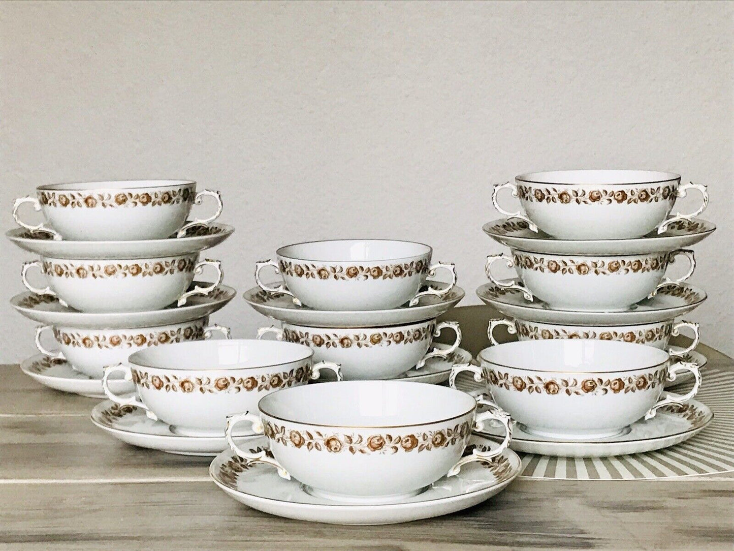 Vintage Porzellan Tafelservice Fürstenberg 12 Suppentassen weiß braun gold