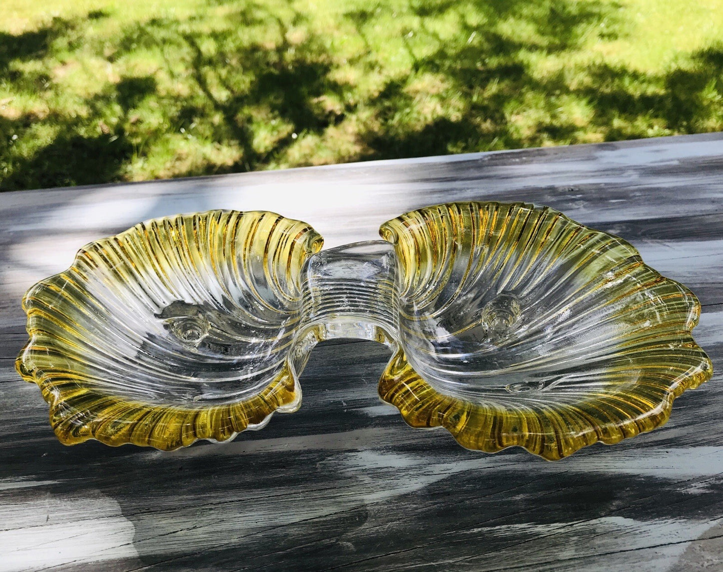 Vintage 70er Glas Schale Anbietschale Muschel Walther Glas Kultig gelb