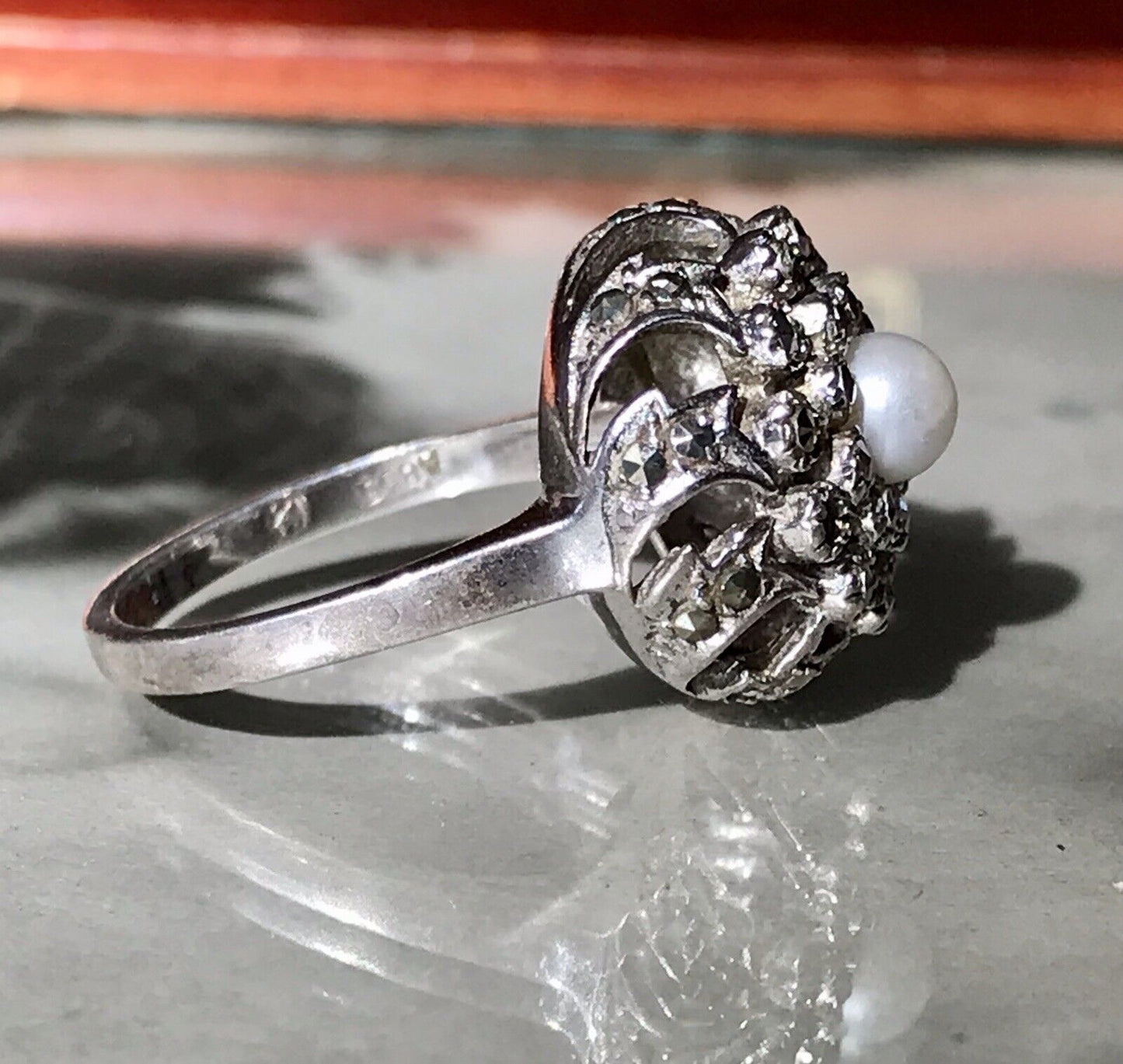 Antik Edel DAMEN Entourage RING Silber 835 Perle Markasite Gr.52