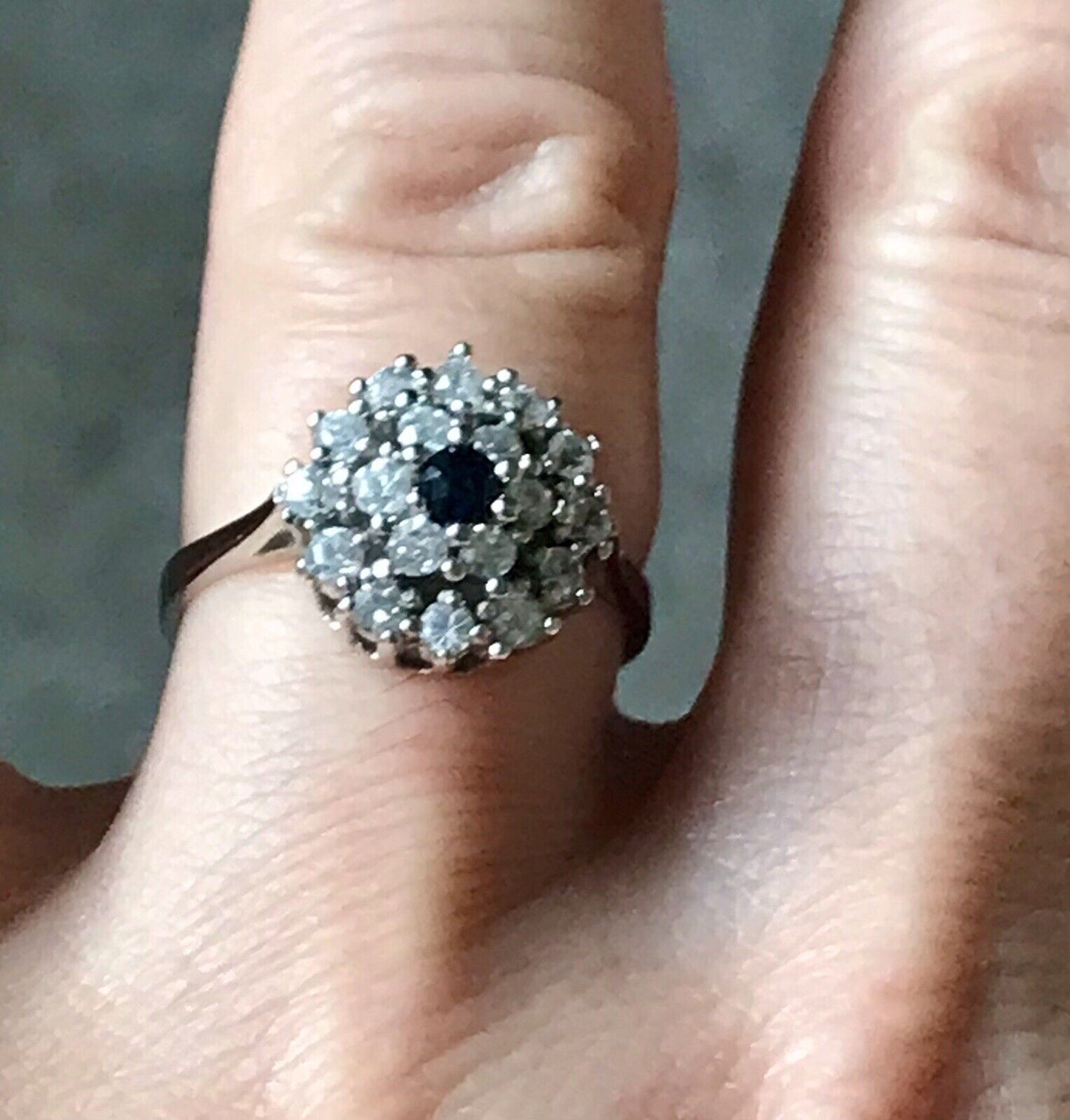 Vintage Entourage Halo Ring farblose Steine & Saphir Silber 925 ~Gr.54