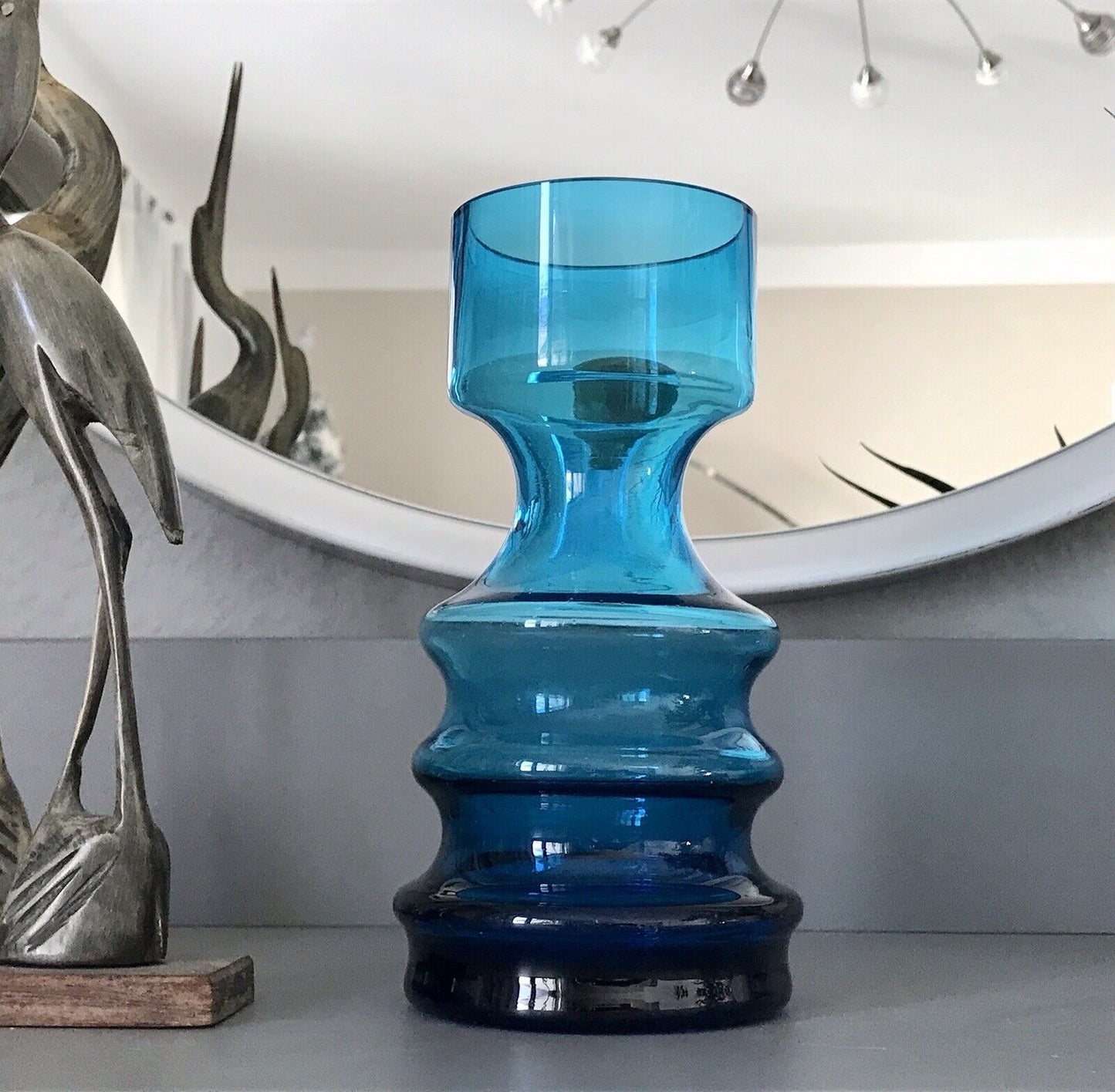 Vintage MCM 60er 70er Jahre blau Glas Kerzenständer Vase Blumenvase Glasvase