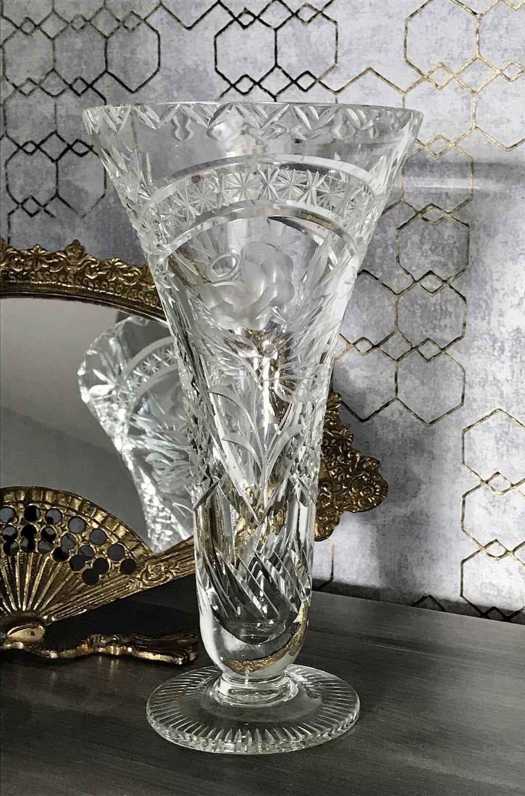 Antik Vase Glasvase Kristallglas geschliffen Art Déco Trichtervase Pokalvase