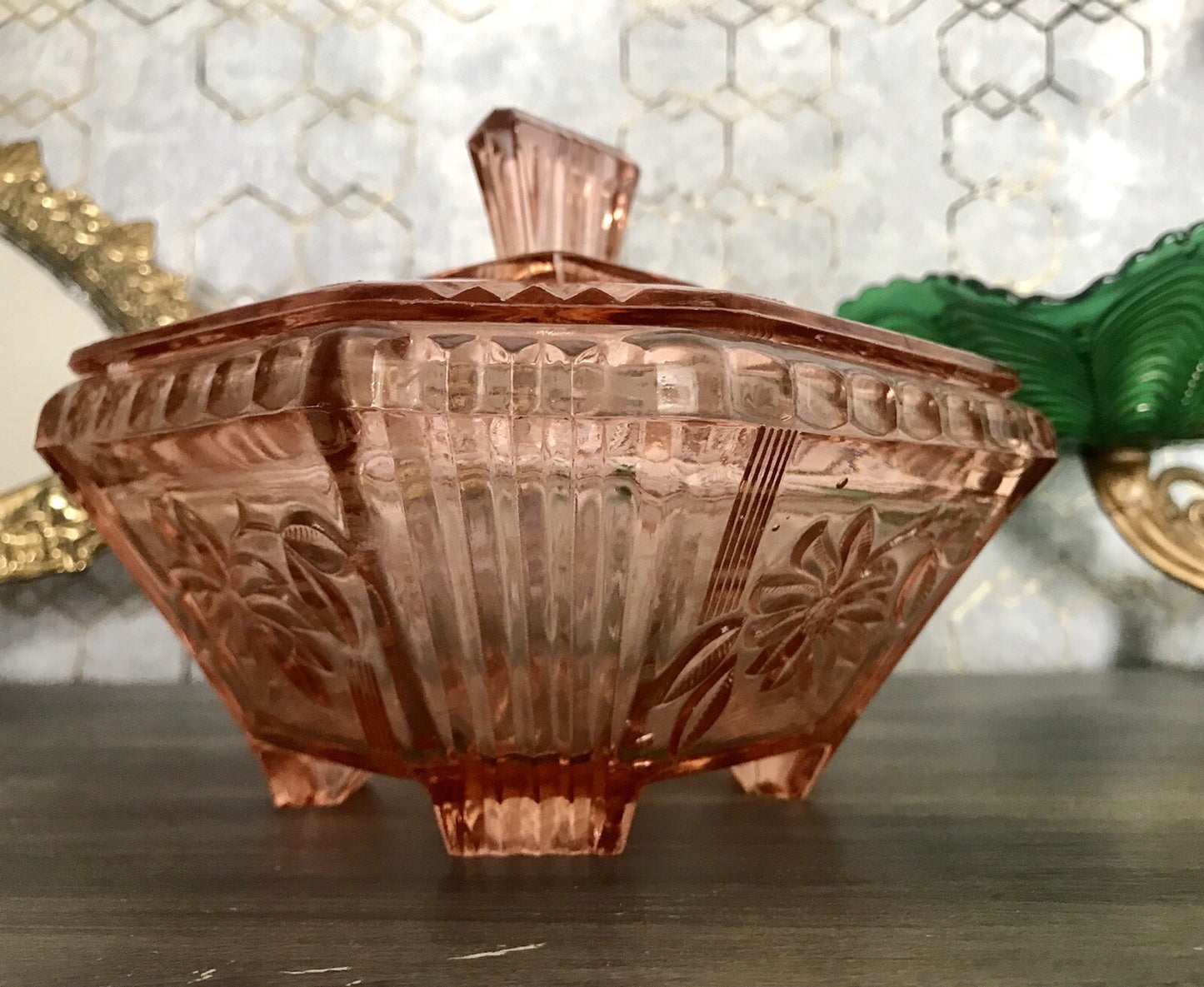 Antik Art Déco Dose Deckeldose Zierdose Pressglas Rosalin rosa Glas