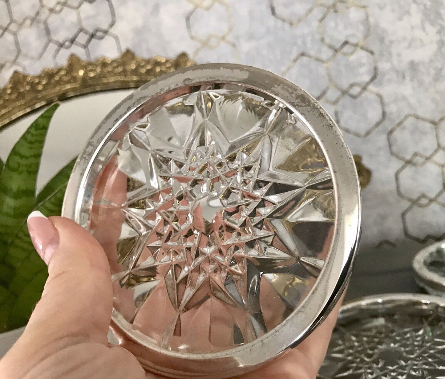Vintage 6x Untersetzer für Weingläser Glas Kristallglas Bleikristall versilbert