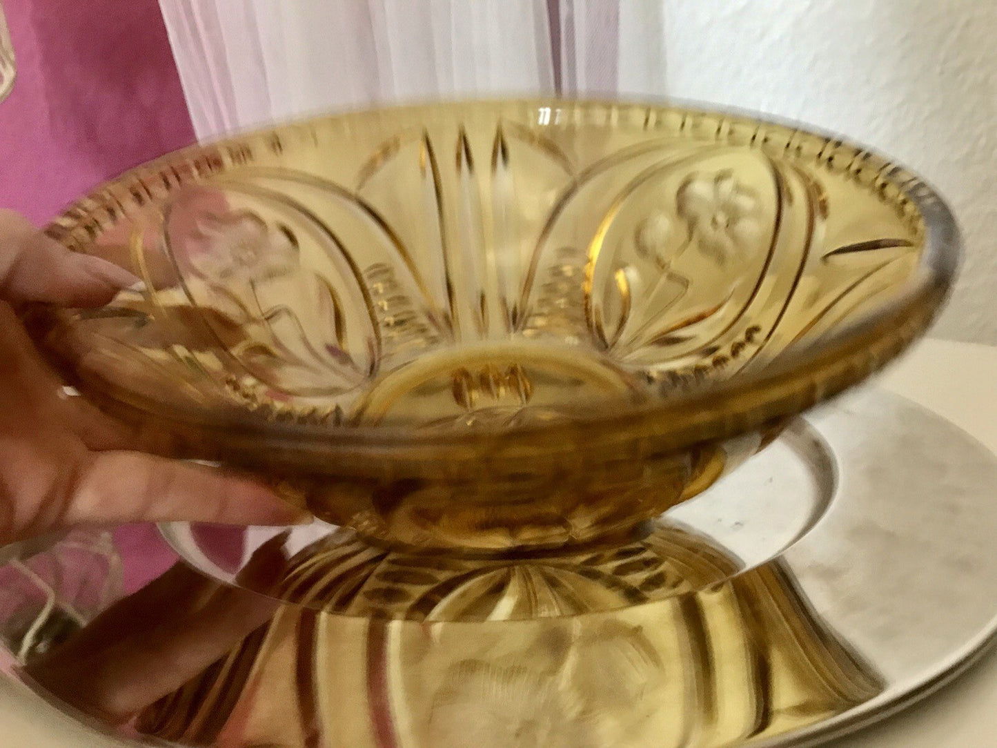 Antik Art Déco Vintage Pressglas Schale gelb Klatschmohn
