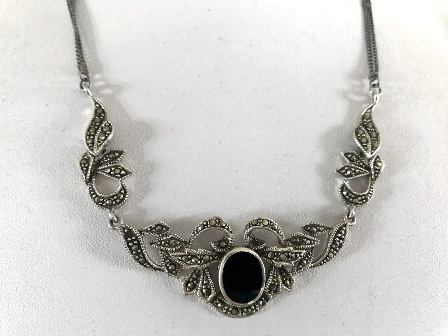 Antik Edel Jugendstil Art Déco 925 Silber Collier Halskette mit Onyx & Markasite