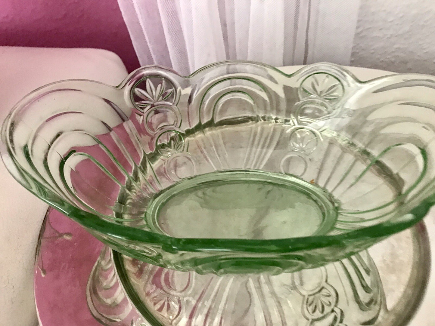 Antik Art Déco Jardiniere Schale Pressglas Glasschale grün Obstschale