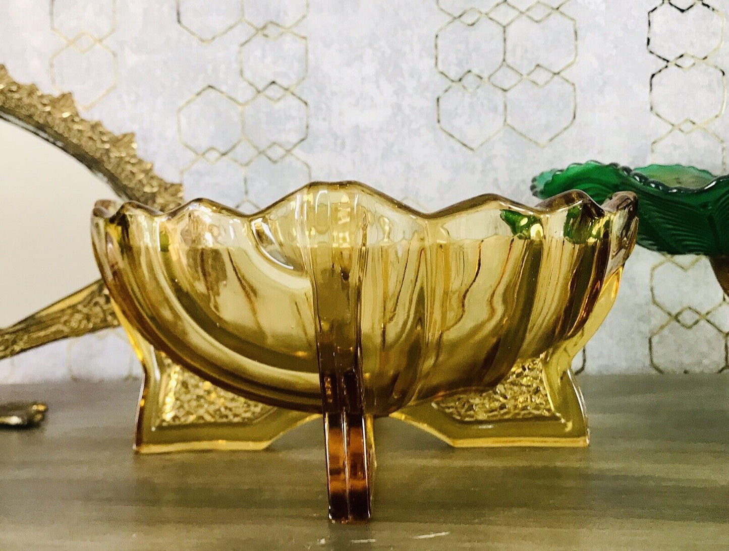 Antik Art Déco gelb Pressglas Jardiniere Schale Glas RAR markant