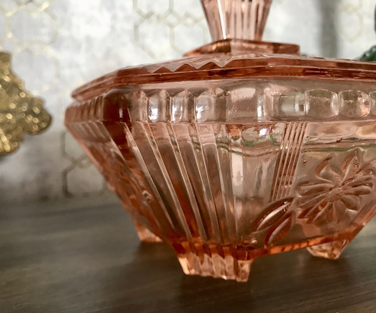 Antik Art Déco Dose Deckeldose Zierdose Pressglas Rosalin rosa Glas