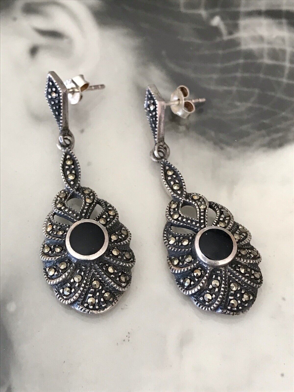 Antik Art Déco Wunderschön Ohrhänger Ohrringe DAMEN Silber 925 Onyx Markasite