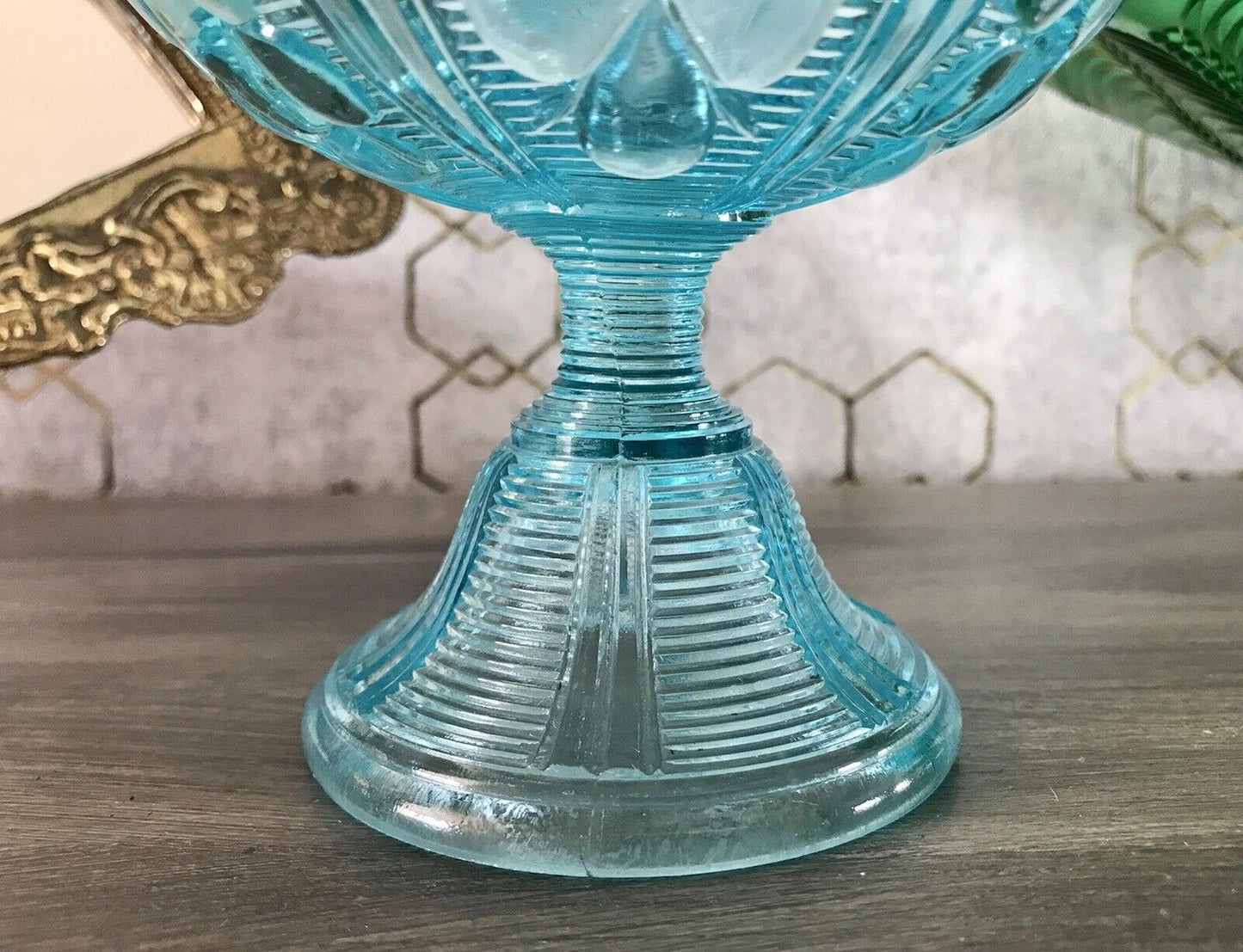 Antik Jugendstil Art Déco Pressglas Schale Fußschale Zuckerschale blau türkis