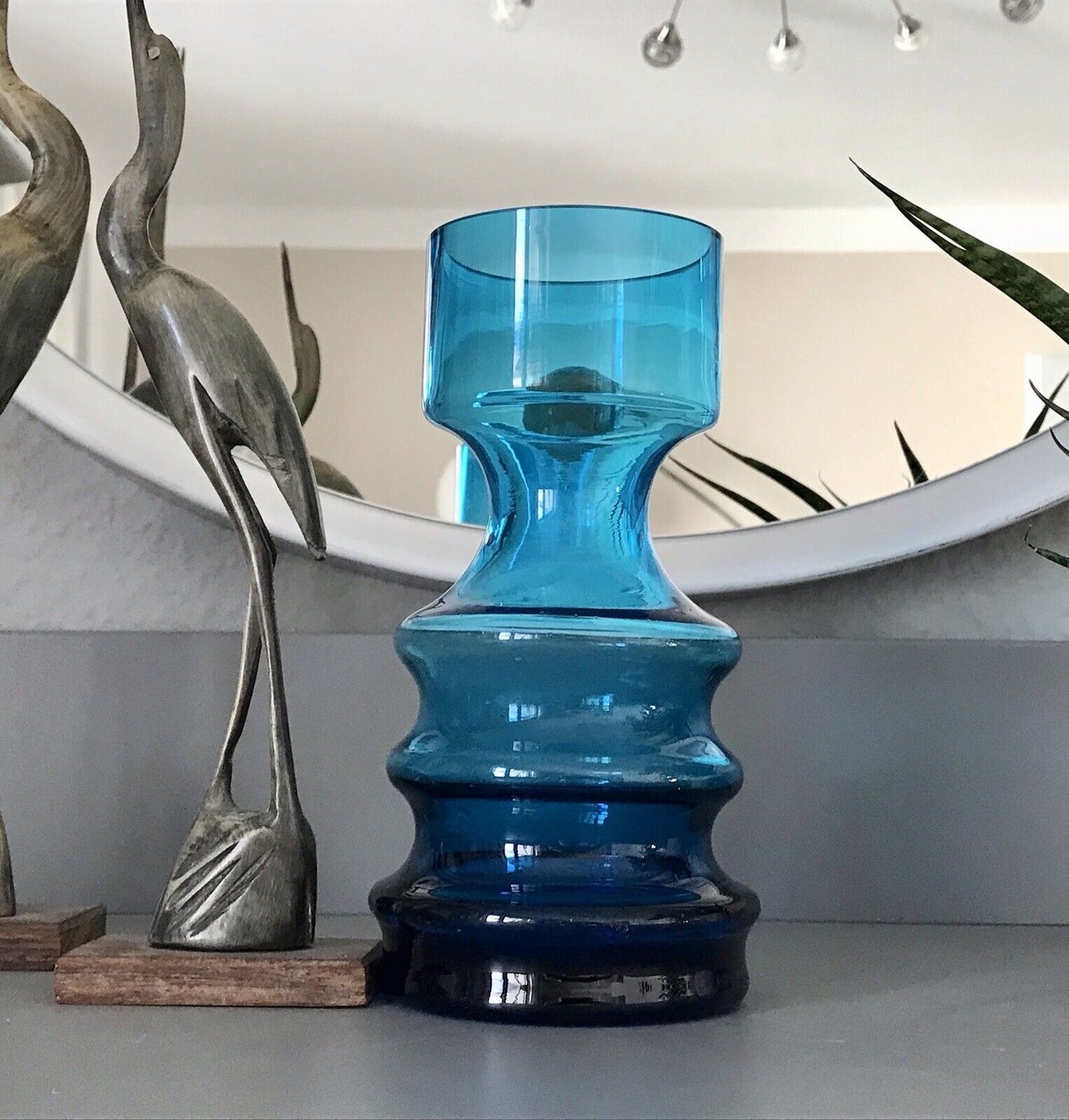 Vintage MCM 60er 70er Jahre blau Glas Kerzenständer Vase Blumenvase Glasvase