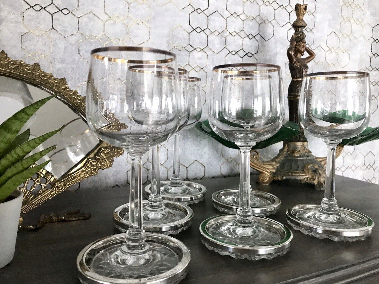 Vintage 6x Untersetzer für Weingläser Glas Kristallglas Bleikristall versilbert