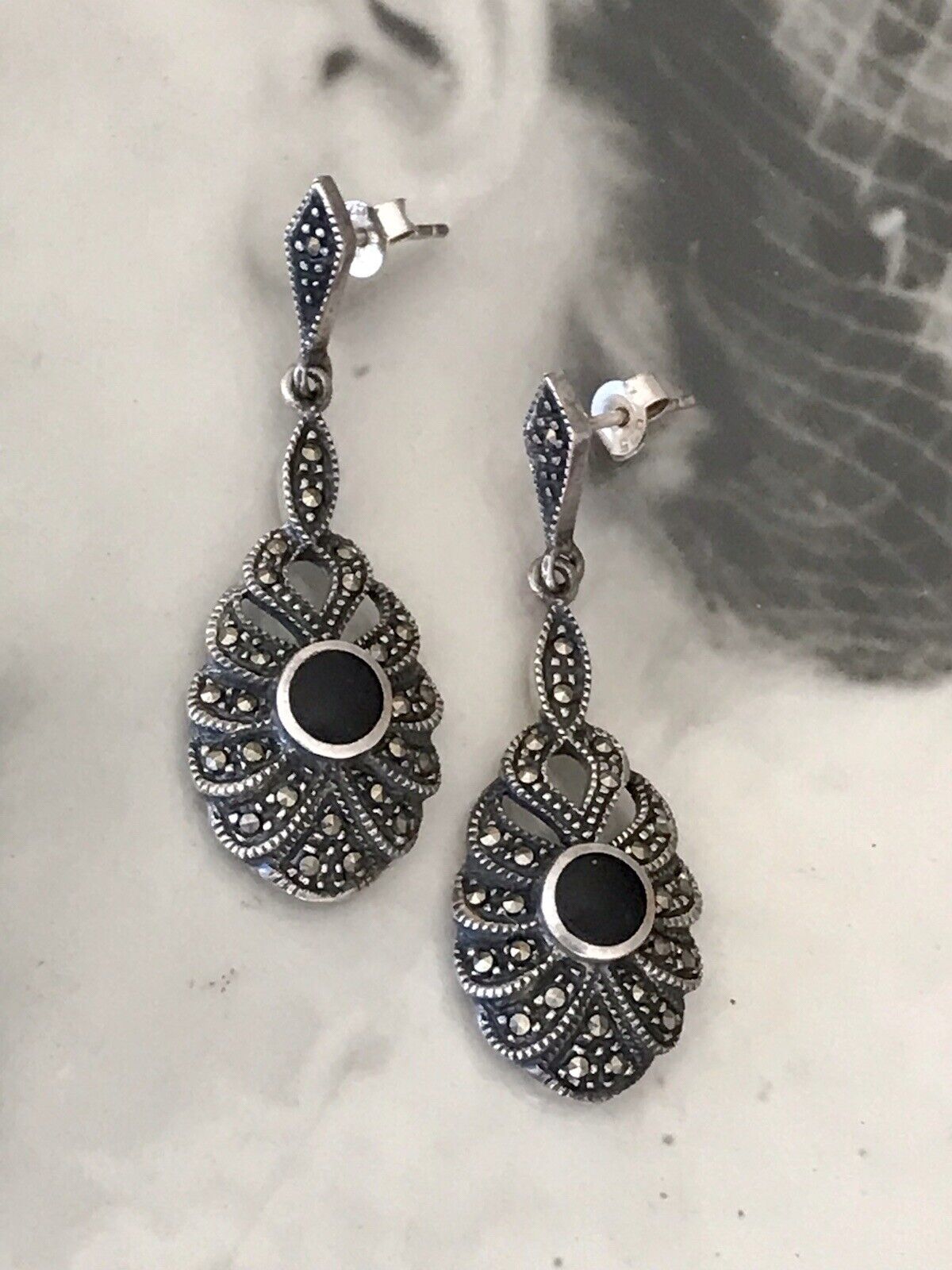 Antik Art Déco Wunderschön Ohrhänger Ohrringe DAMEN Silber 925 Onyx Markasite