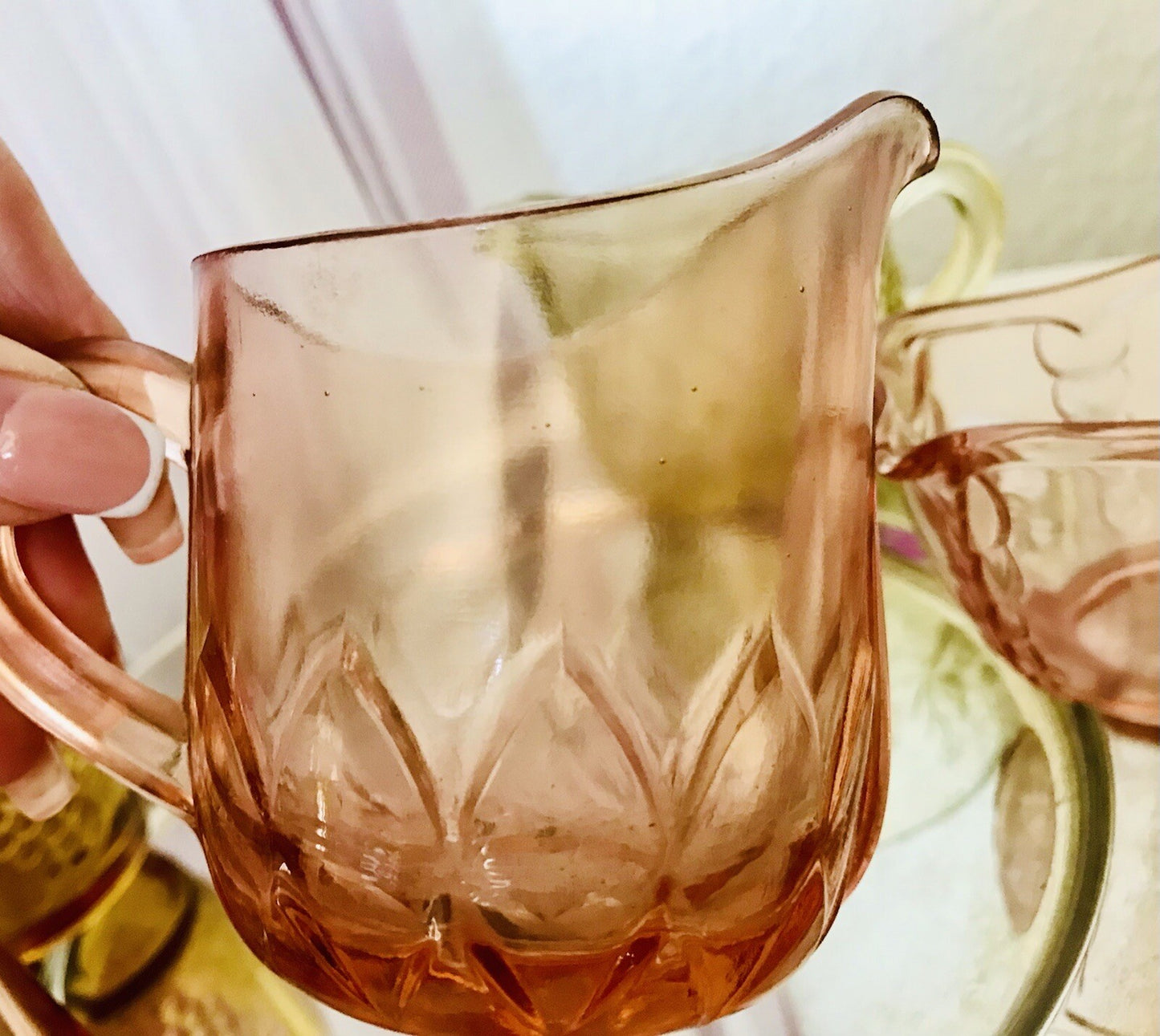 Antik 5 Art Déco Pressglas Sahnegießer Milchkännchen Kännchen Glas gelb rosa