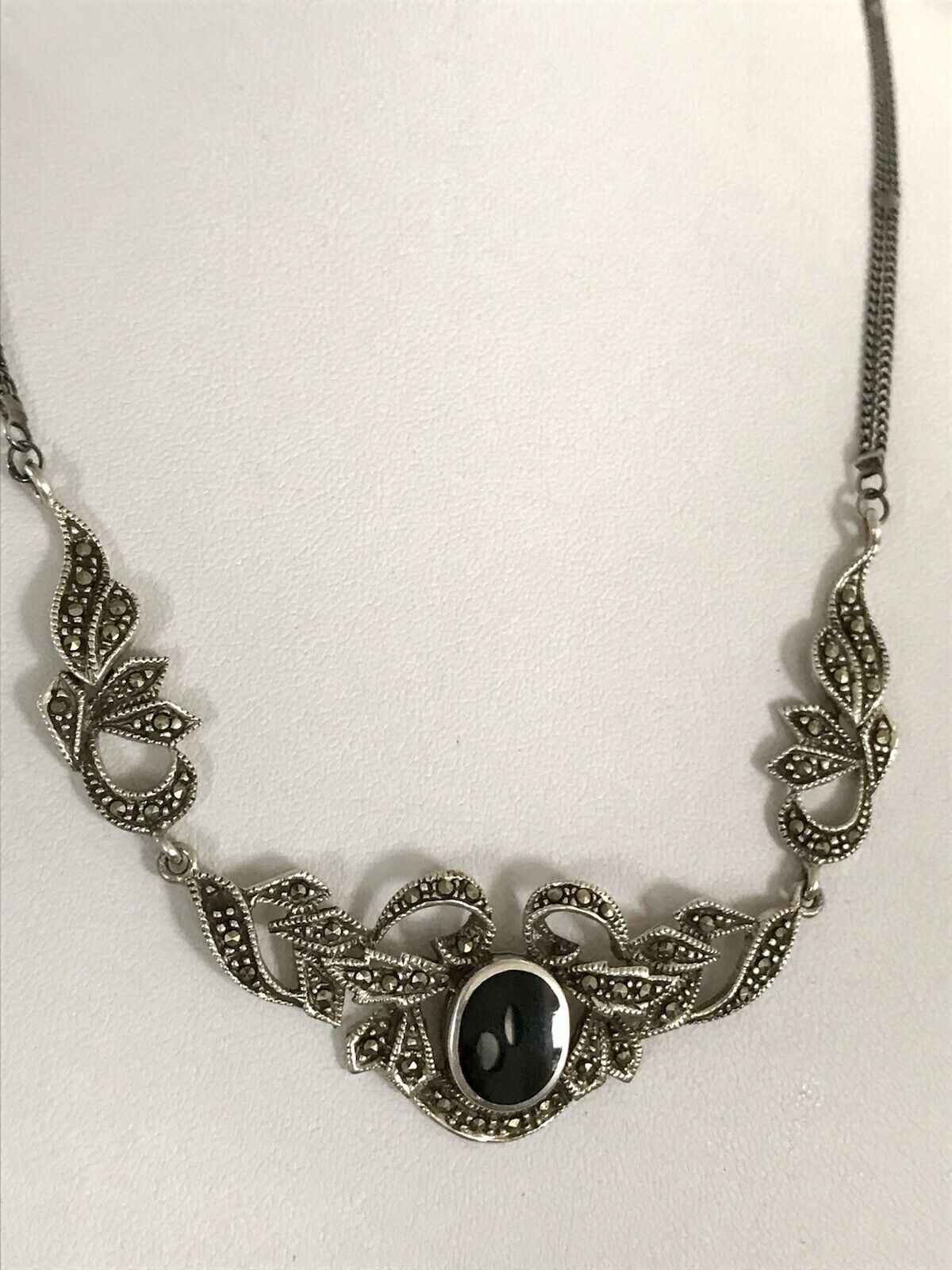 Antik Edel Jugendstil Art Déco 925 Silber Collier Halskette mit Onyx & Markasite