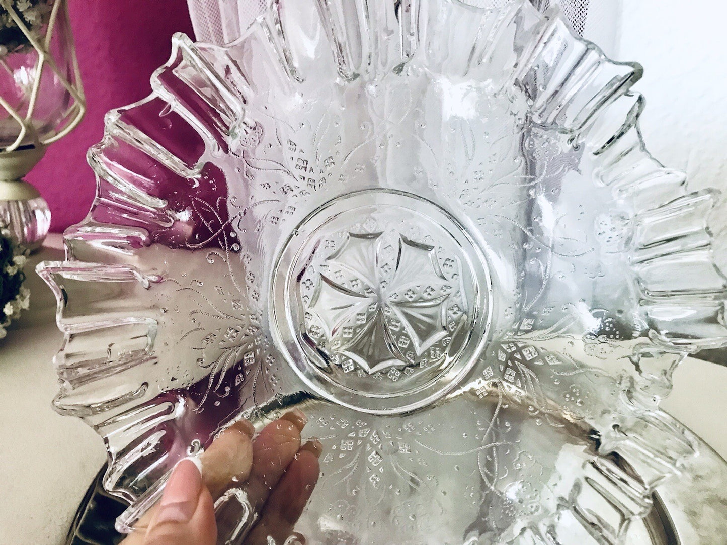 Antik Jugendstil gewellter Serviettenrand Pressglas Schale Glas so schön!