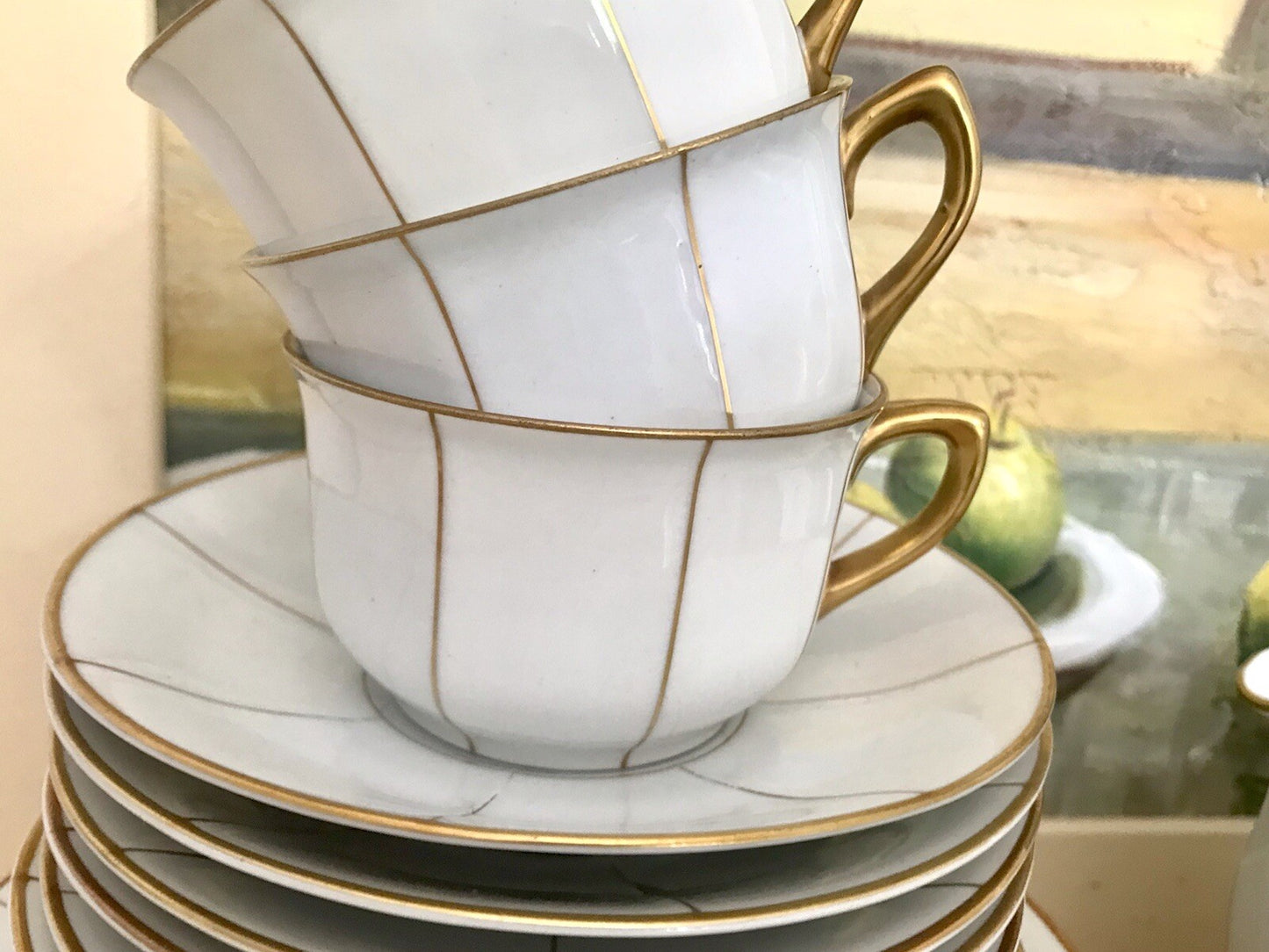 Antik Art Déco Porzellan 10+ Personen Kaffeeservice EDEL weiß Golddekor kantig